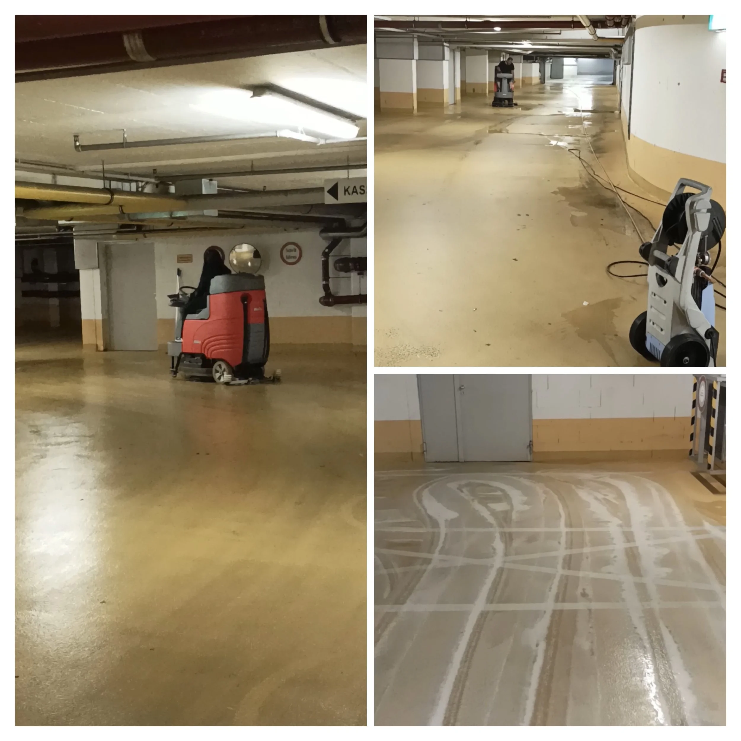 Auf den Bildern sieht man die Reinigung eines Parkhauses mit einem Hochdruckreiniger, sowie die Rückstände des gereinigten Bodens, die durch Wasser und Reinigungsmittel entstanden sind.