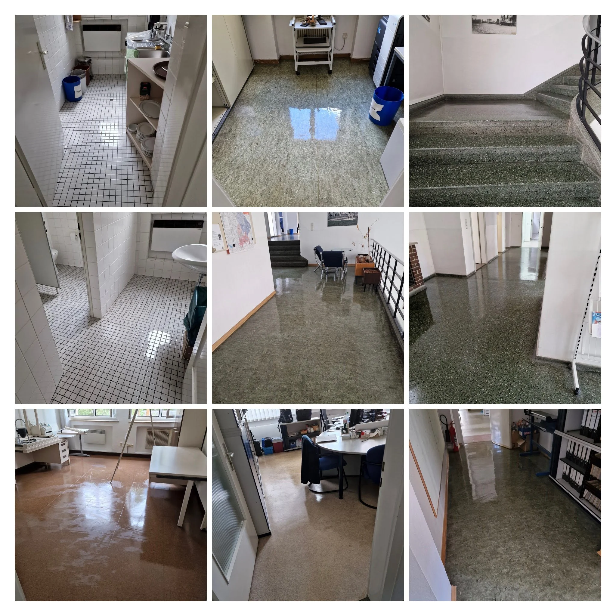 Collage aus verschiedenen Innenansichten von Gebäuden mit unterschiedlichen Fußböden, darunter Fliesen, Parkett und Teppich, sowie Treppen und Büros.