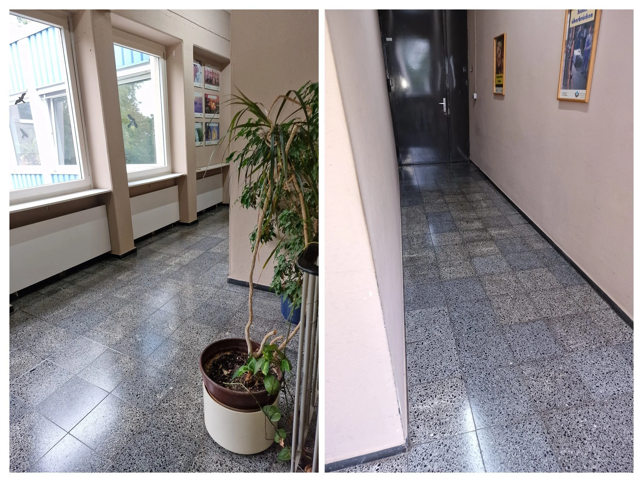 Linke Seite: Ein Flur mit drei Fenstern, Vorhängen, einem Pflanzenkübel mit einer Pflanze, Bilder an der Wand. Rechte Seite: Ein schmaler Flur mit einer schwarzen Tür und zwei Bildern an der Wand.