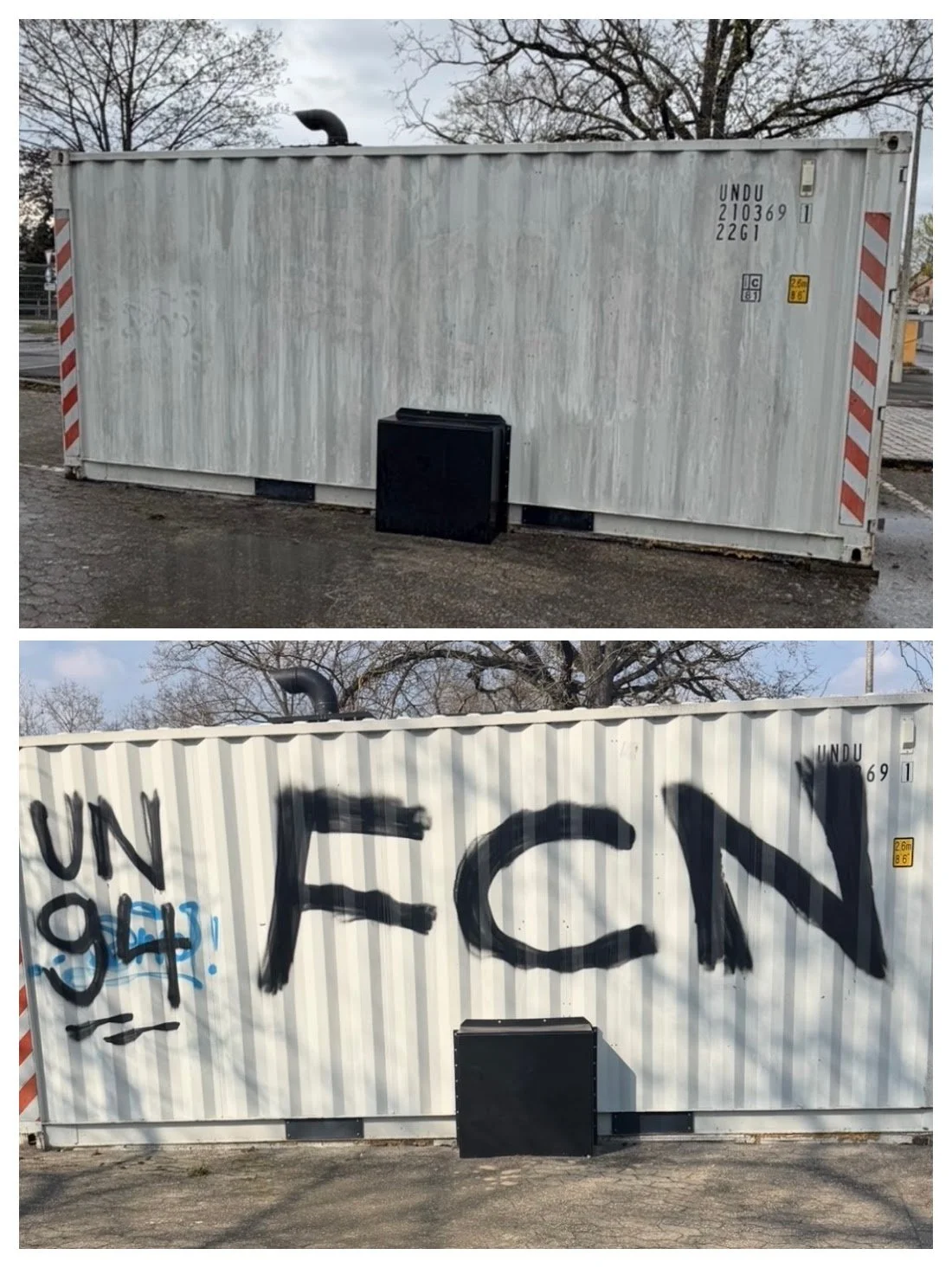 Zwei Fotos von einem weißen Container mit Graffiti. Im ersten Bild ist der Container unbeschrieben, im zweiten Bild steht mit schwarzer Farbe auf den Container geschrieben: 'UN-FEIN'.