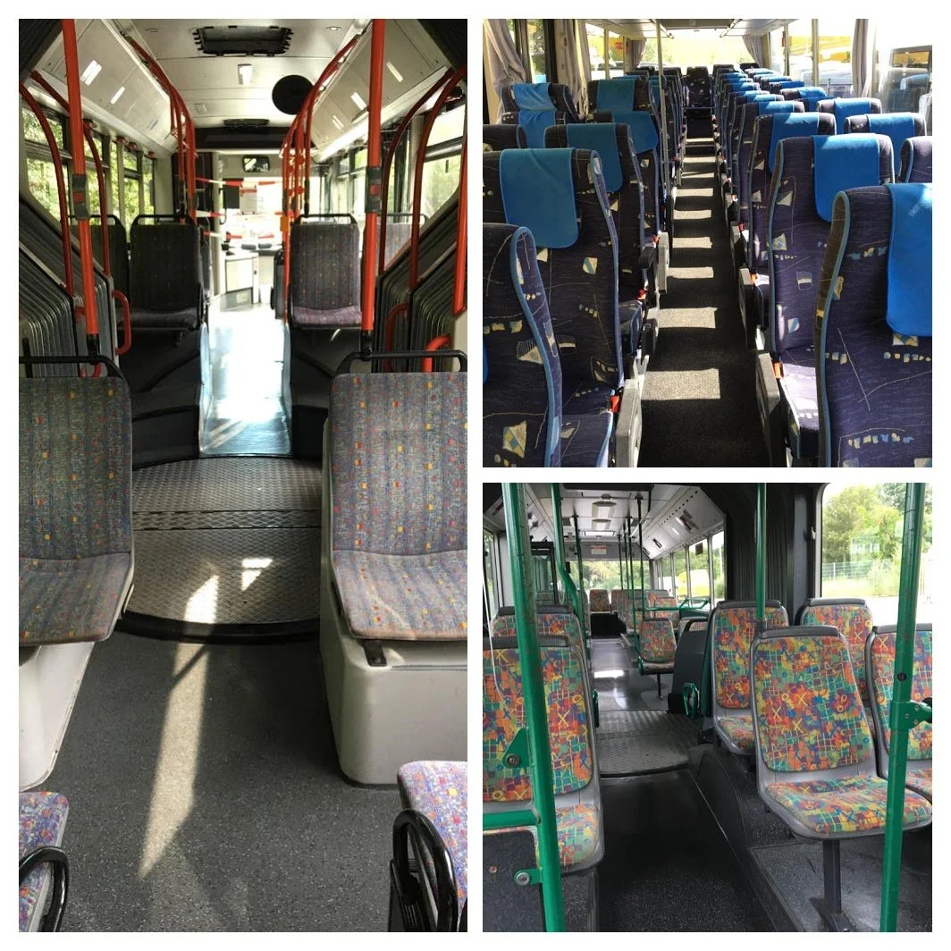 Drei Fotos von verschiedenen Bussen. Der erste Bus hat schwarze Sitze, die mit buntem Stoff bezogen sind, und rote Stützstangen. Der zweite Bus hat blaue Sitze mit Mustern und hellblauen Kopfstützen. Der dritte Bus hat Sitzplätze mit buntem, polygonalem Muster und grüne Stützstangen.