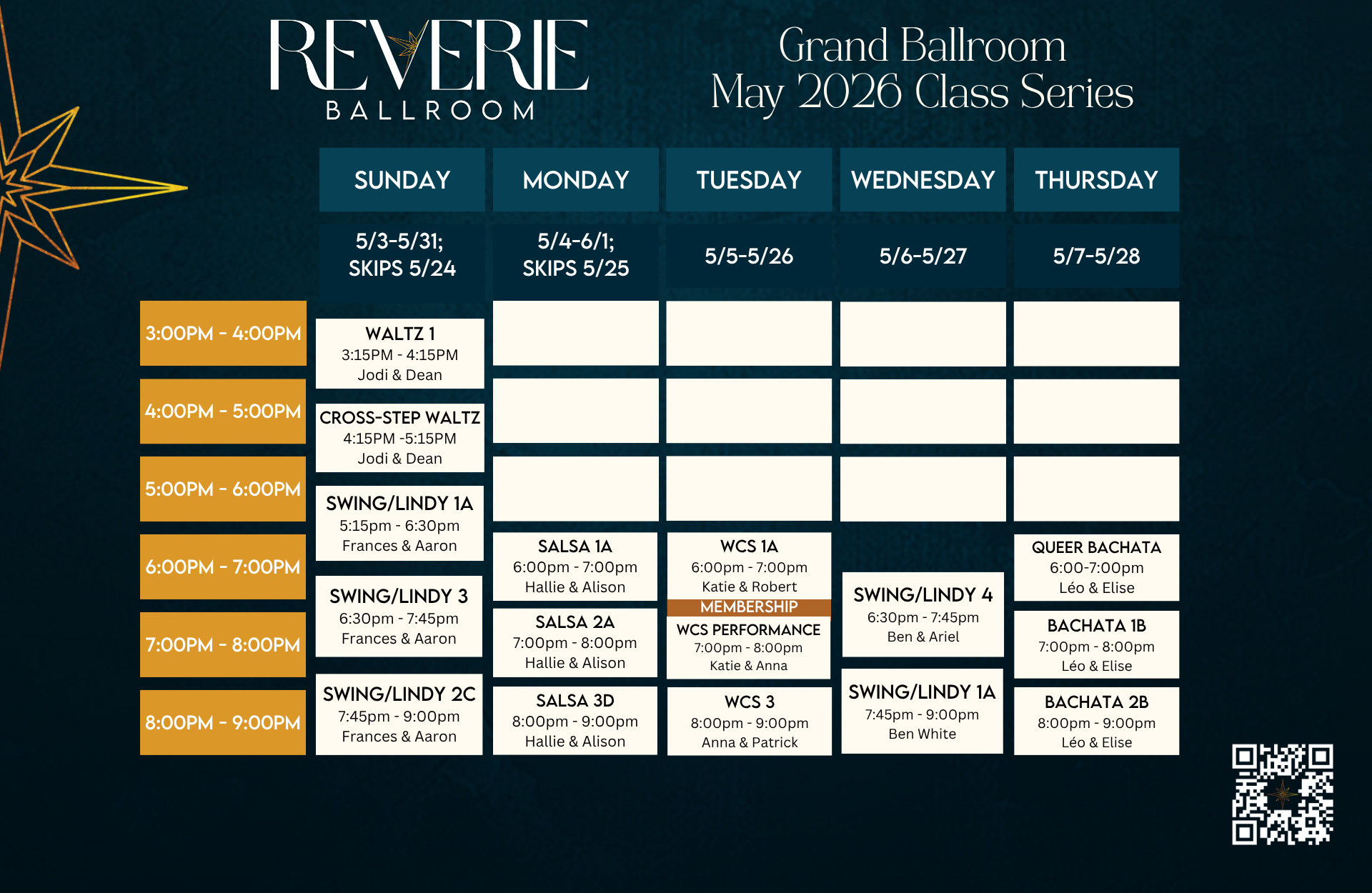 Schedule of dance classes at Revere Ballroom for May 2026, showing times, class names, instructors, and dates for each day of the week, with a decorative star on the left side and a QR code on the bottom right corner.