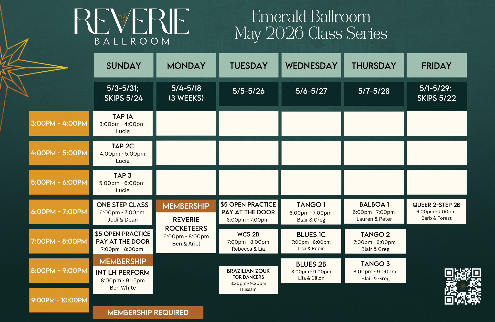 Schedule for Reverie Ballroom's May 2026 class series, featuring dance classes, special events, and open practices from May 3rd to May 29th, with times and instructors listed, includes membership notes and a QR code in the bottom right corner.