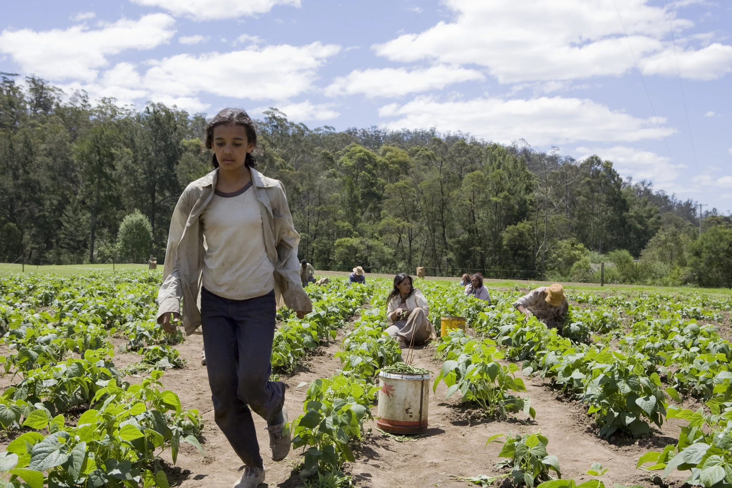 Young girl walking through a farm field with other people working in the background, surrounded by green plants and trees under a partly cloudy sky.