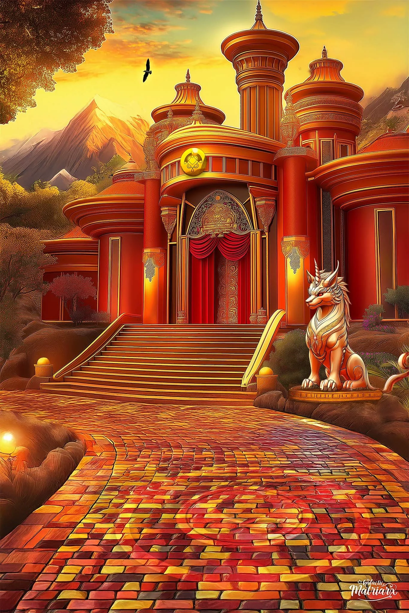 A fantasy-style castle with red and gold architecture, large staircase, and a stone lion statue in front, set against a mountain landscape with a bright sunset and flying bird.