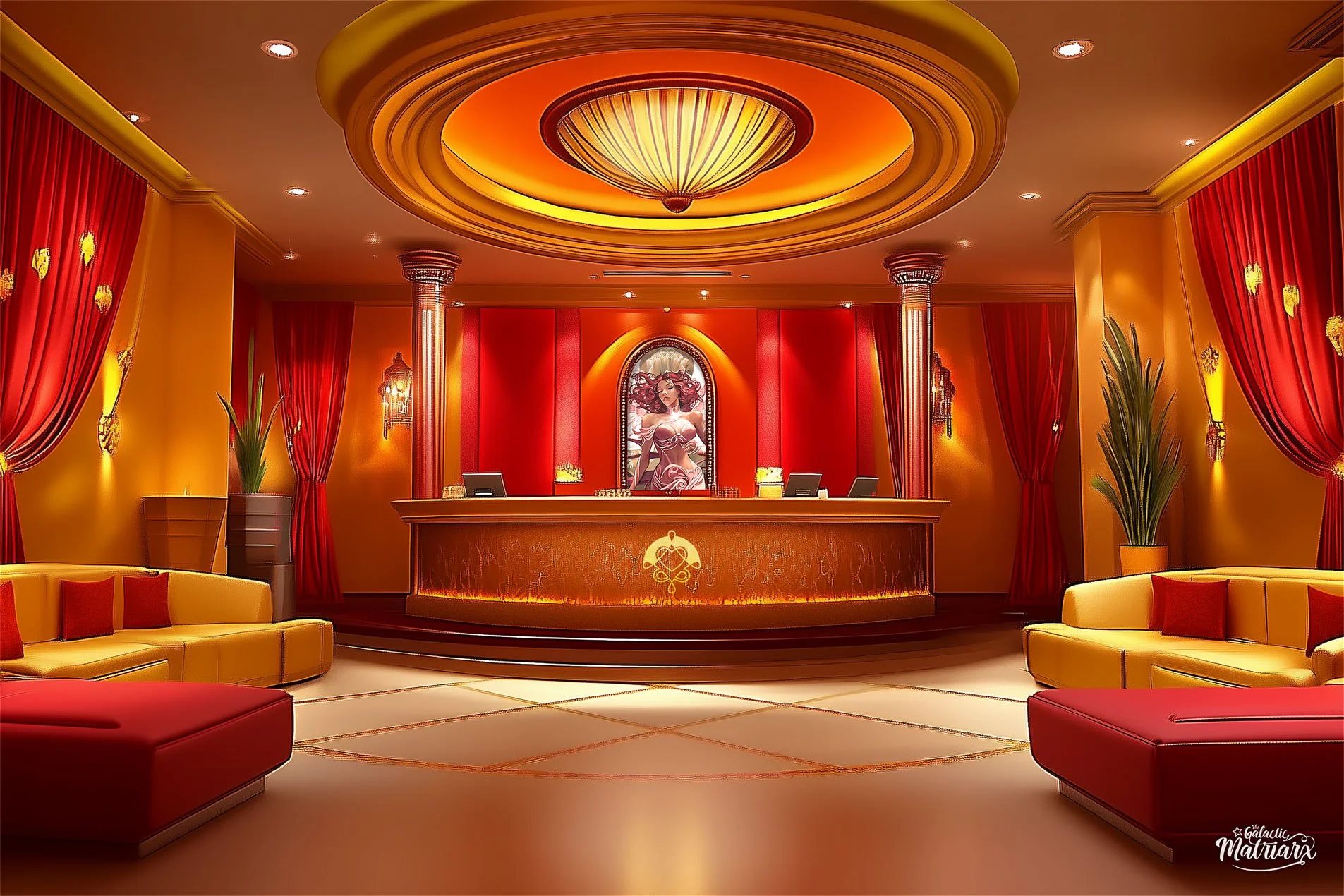Luxurious hotel lobby reception area with yellow and red color scheme, ornate ceiling, red curtains, potted plants, yellow sofas with red cushions, and a central reception desk with a framed artwork of a woman behind it.