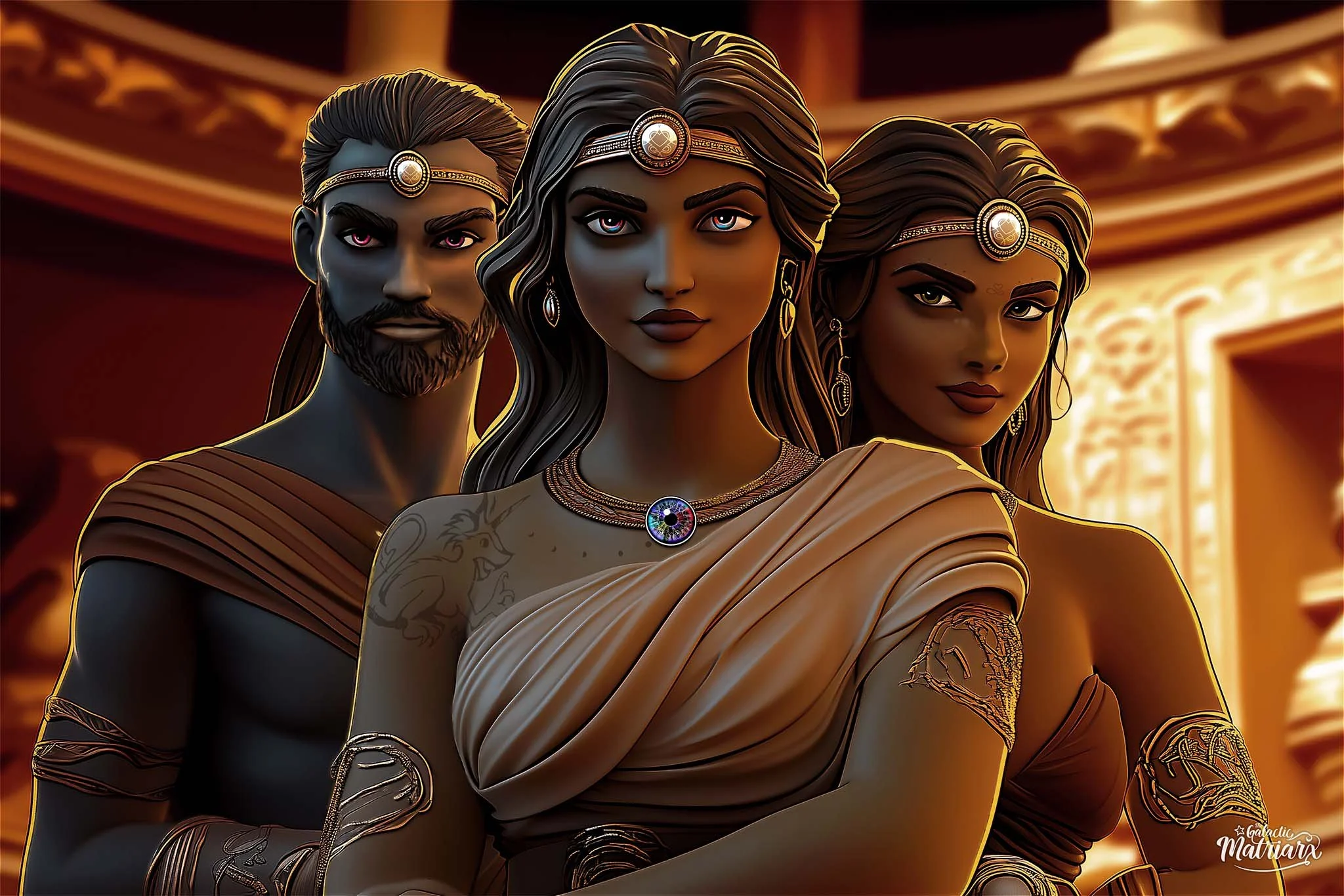 Digital illustration of three diverse individuals dressed in ancient Greek or Roman-style clothing, wearing jewelry, with a luxurious background.