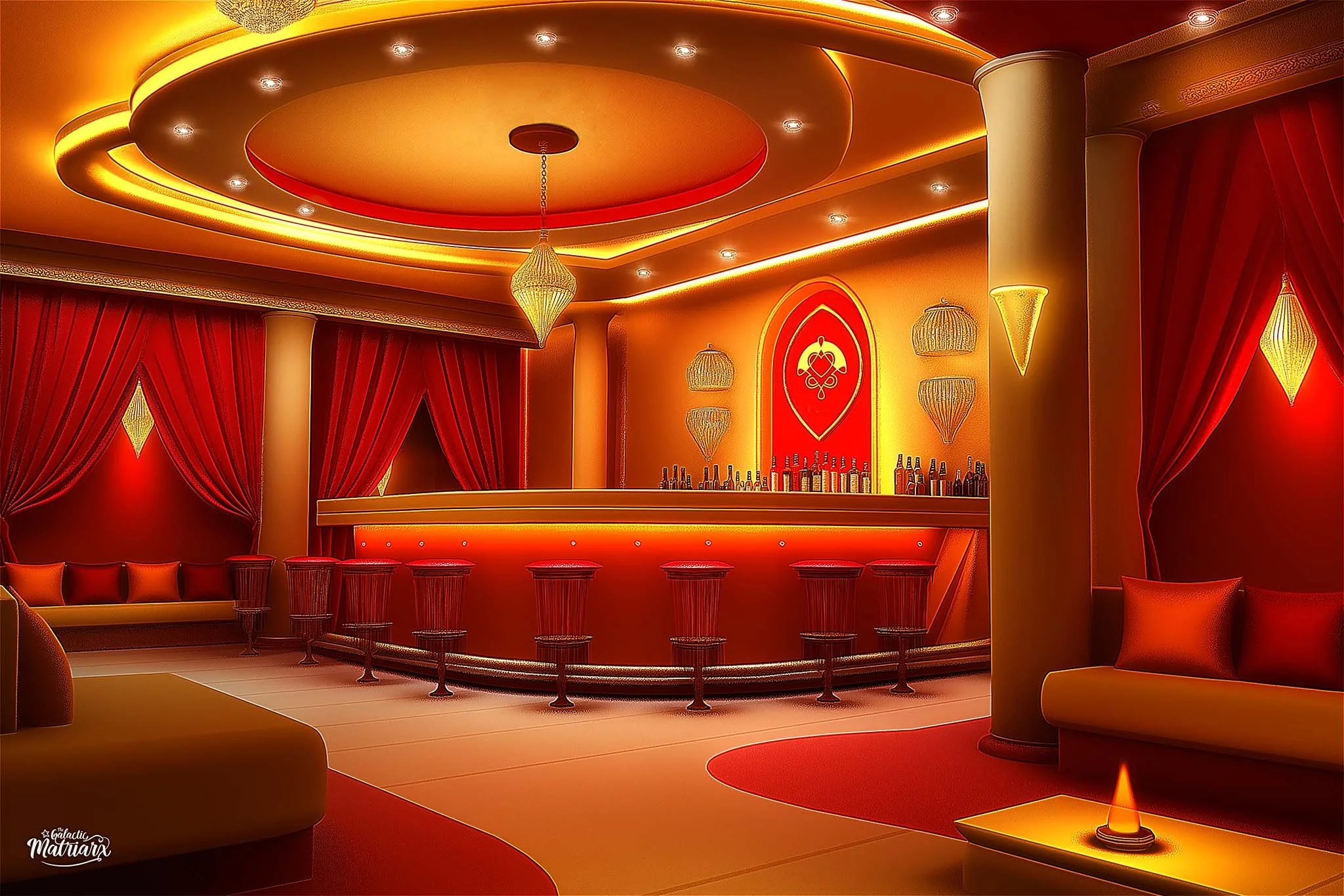 Luxurious bar with red and gold decor, red curtains, bar stools, and soft lighting.