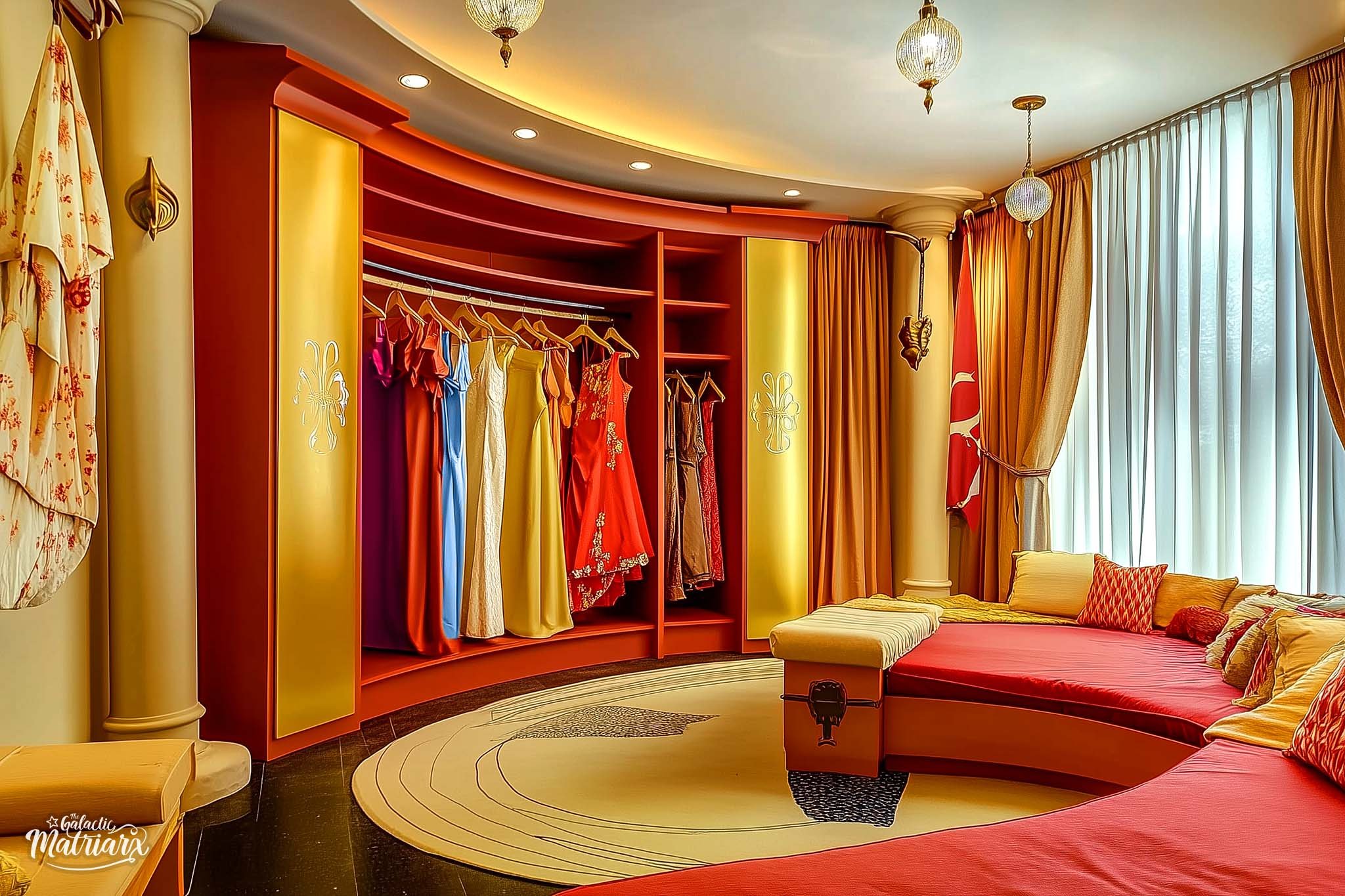 A bedroom with a curved bed with red and yellow bedding, decorated with various pillows. There is a large window with sheer and orange curtains. A closet with colorful dresses on hangers and gold accents is visible. The room has a warm color scheme w