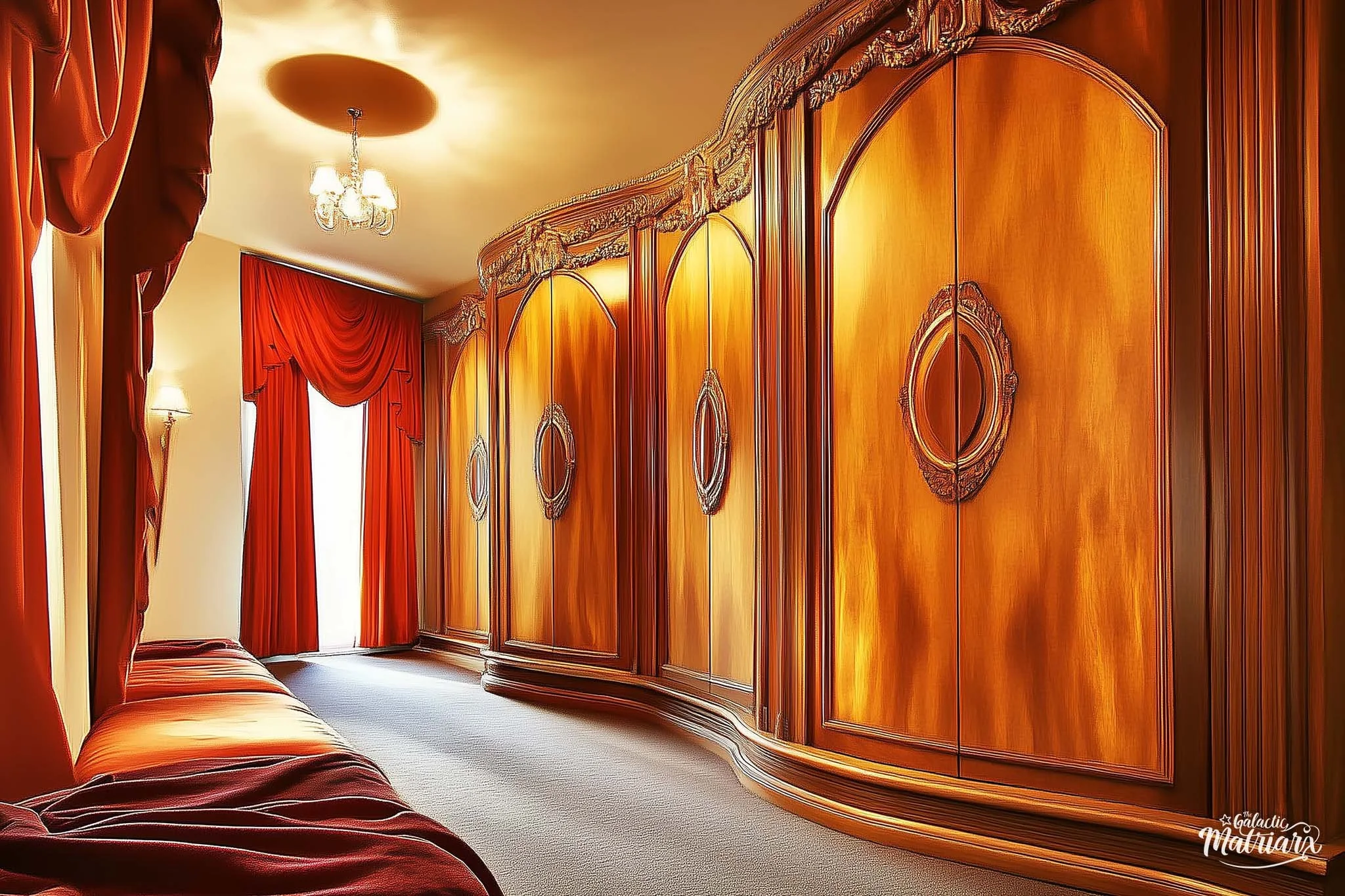 Luxurious hotel room with large wooden wardrobe, red curtains, and a mirror, with bench seating and warm lighting.