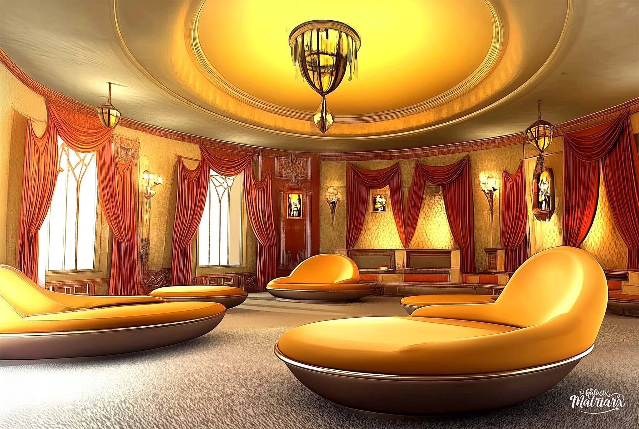 Luxurious, circular living room with gold-toned lounging chairs, large windows with red curtains, warm lighting, and ornate decor.