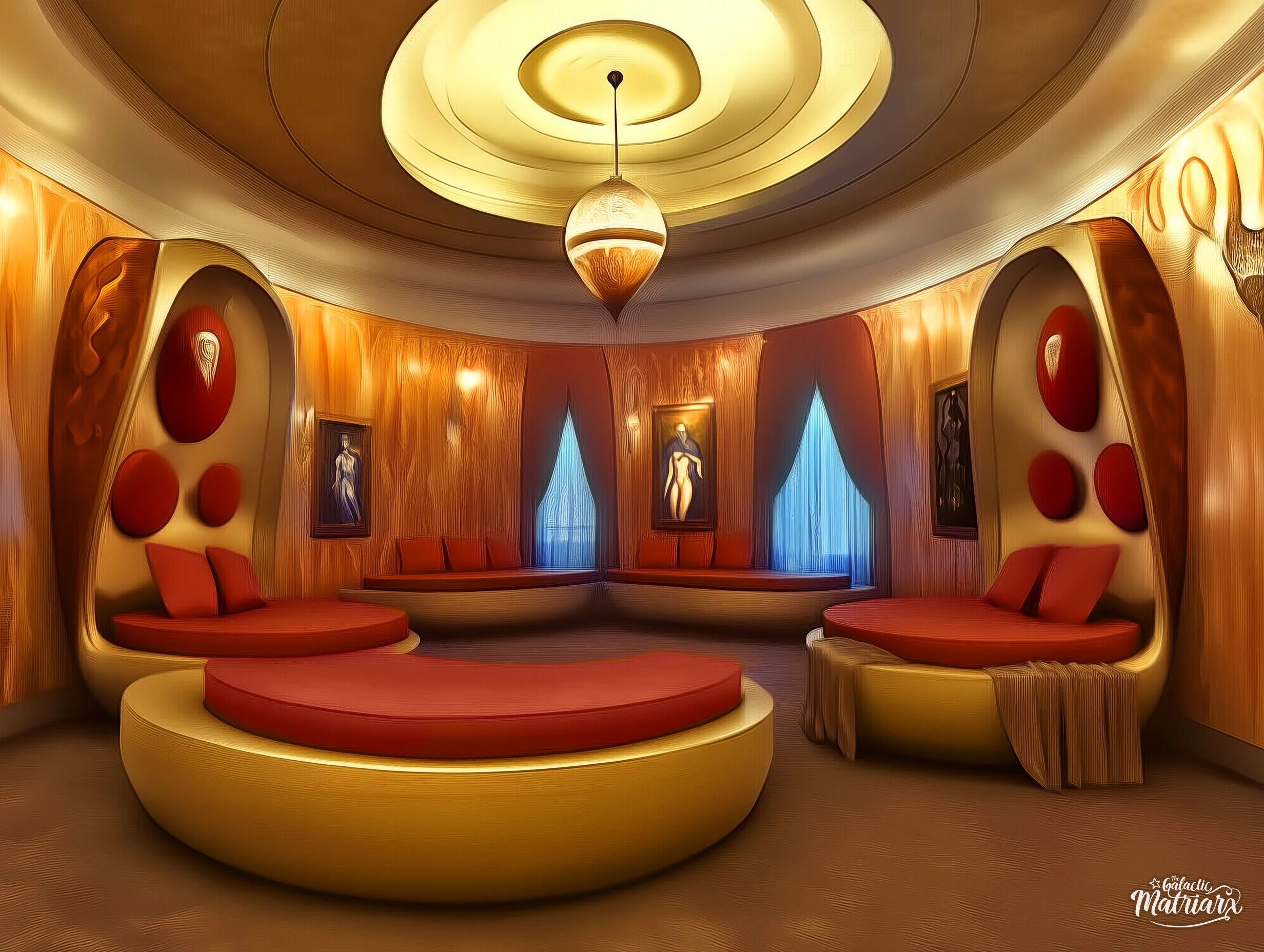 Luxurious, retro-style living room with curved sofas, wooden paneled walls, and pendant lighting.