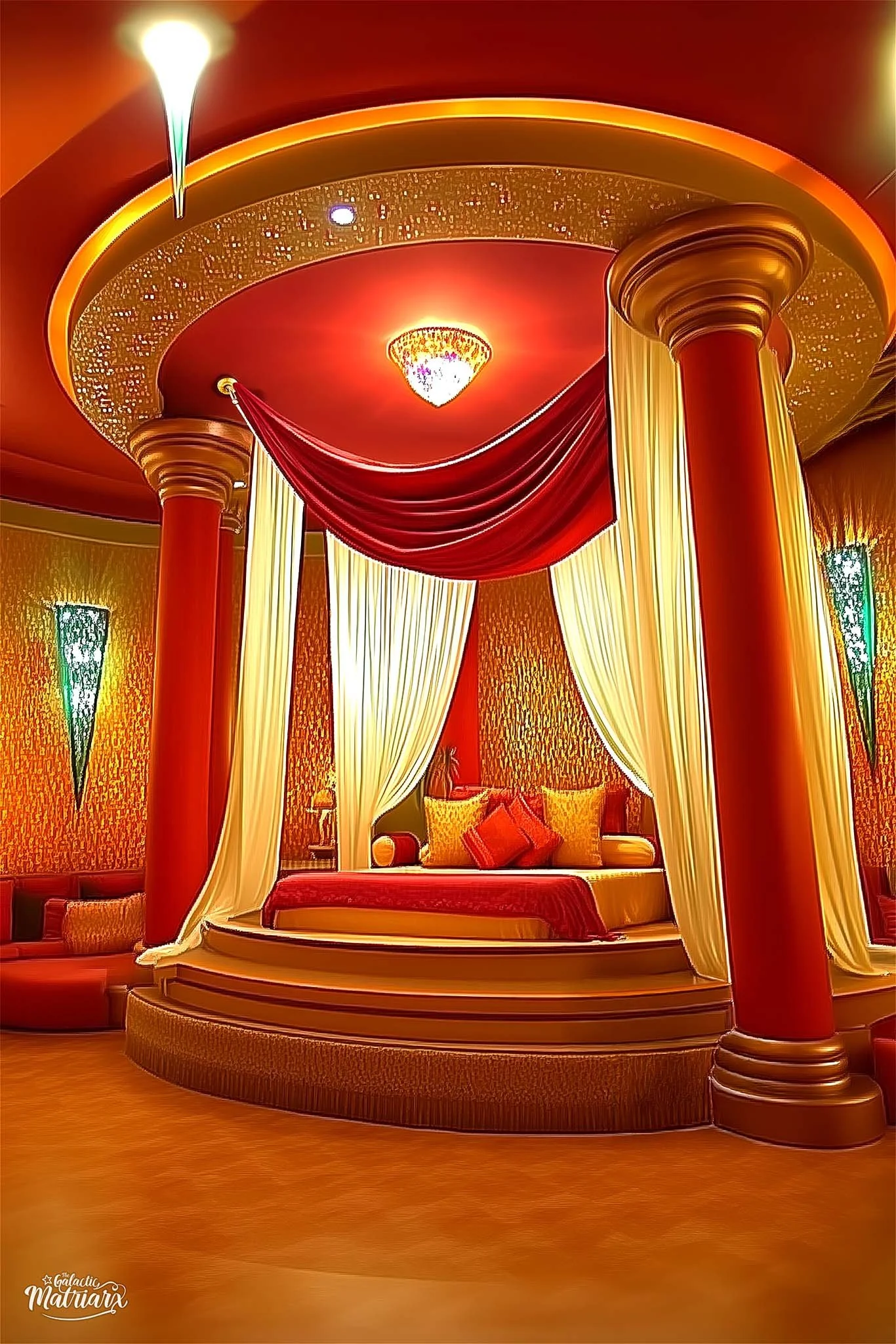 Luxurious bedroom with four red and gold columns supporting a ceiling with a chandelier, red and gold drapery, and a four-poster bed with pillows.