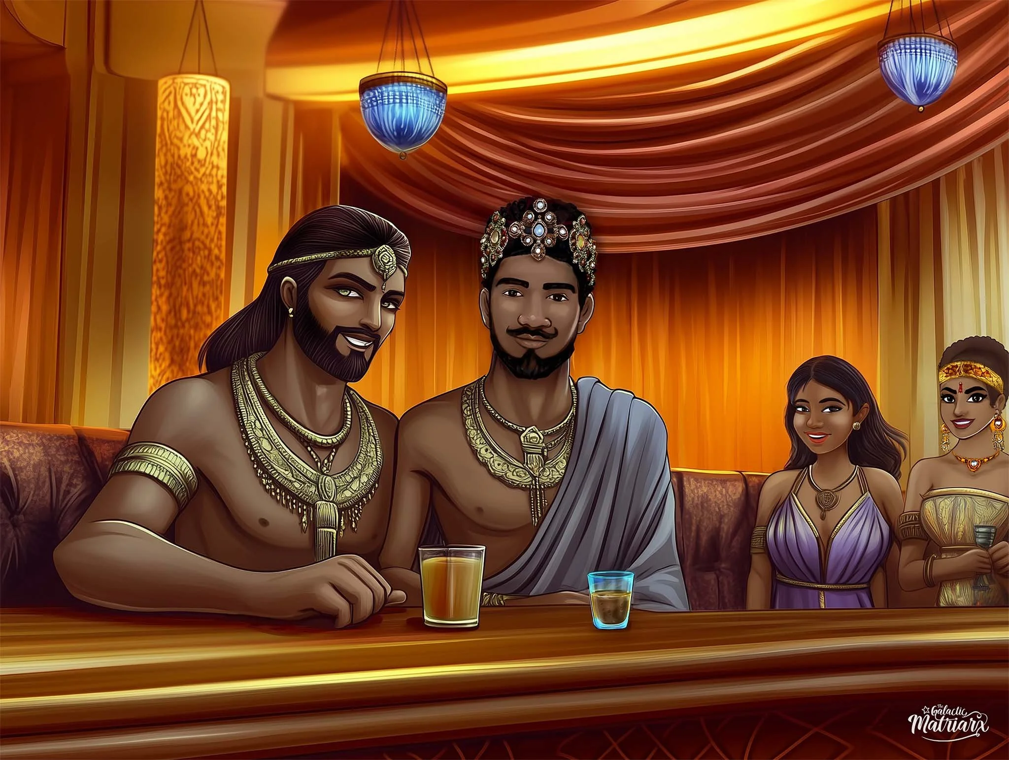 Illustration of four people in regal or royal attire, sitting at a table with drinks, in a luxurious, ornately decorated room with draped curtains and hanging lamps.