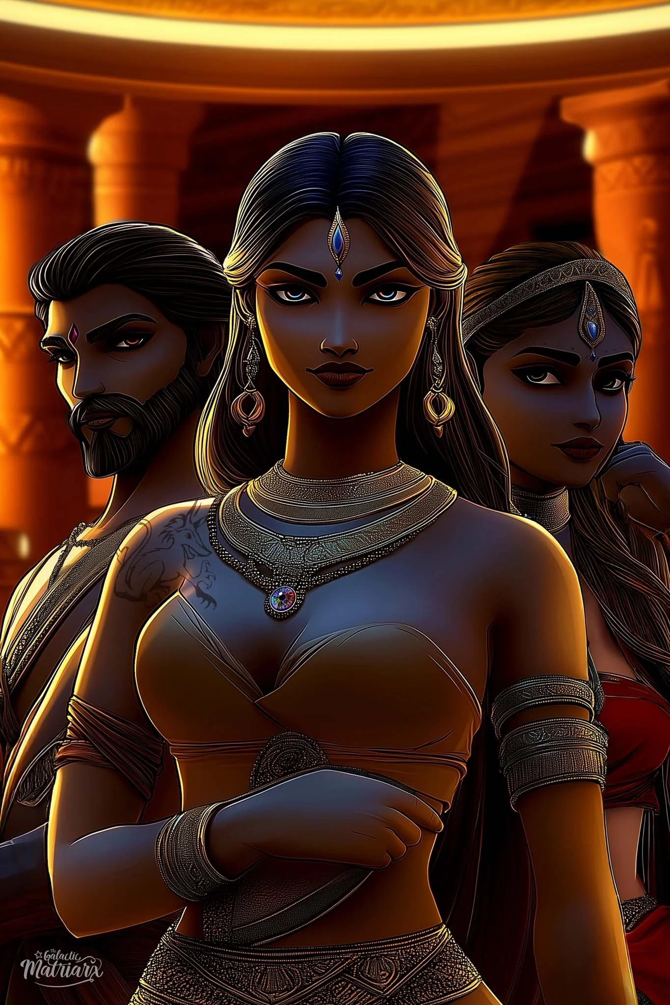 Digital illustration of three animated characters, female in the center wearing jewelry and a strapless top, male on the left with a beard and tattoos, female on the right with jewelry, all in front of an ancient temple-like background with pillars, 
