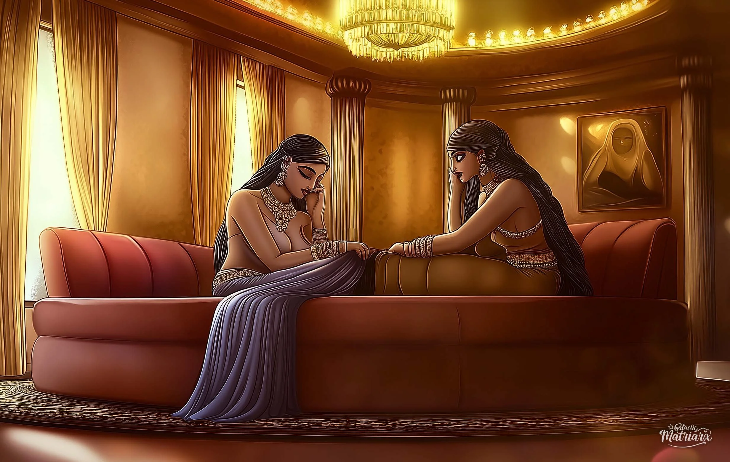 Two women with long dark hair and Indian jewelry sitting on a luxurious golden and red couch in a richly decorated room, with a portrait of a woman in a hijab on the wall behind them, and golden curtains and a chandelier overhead.