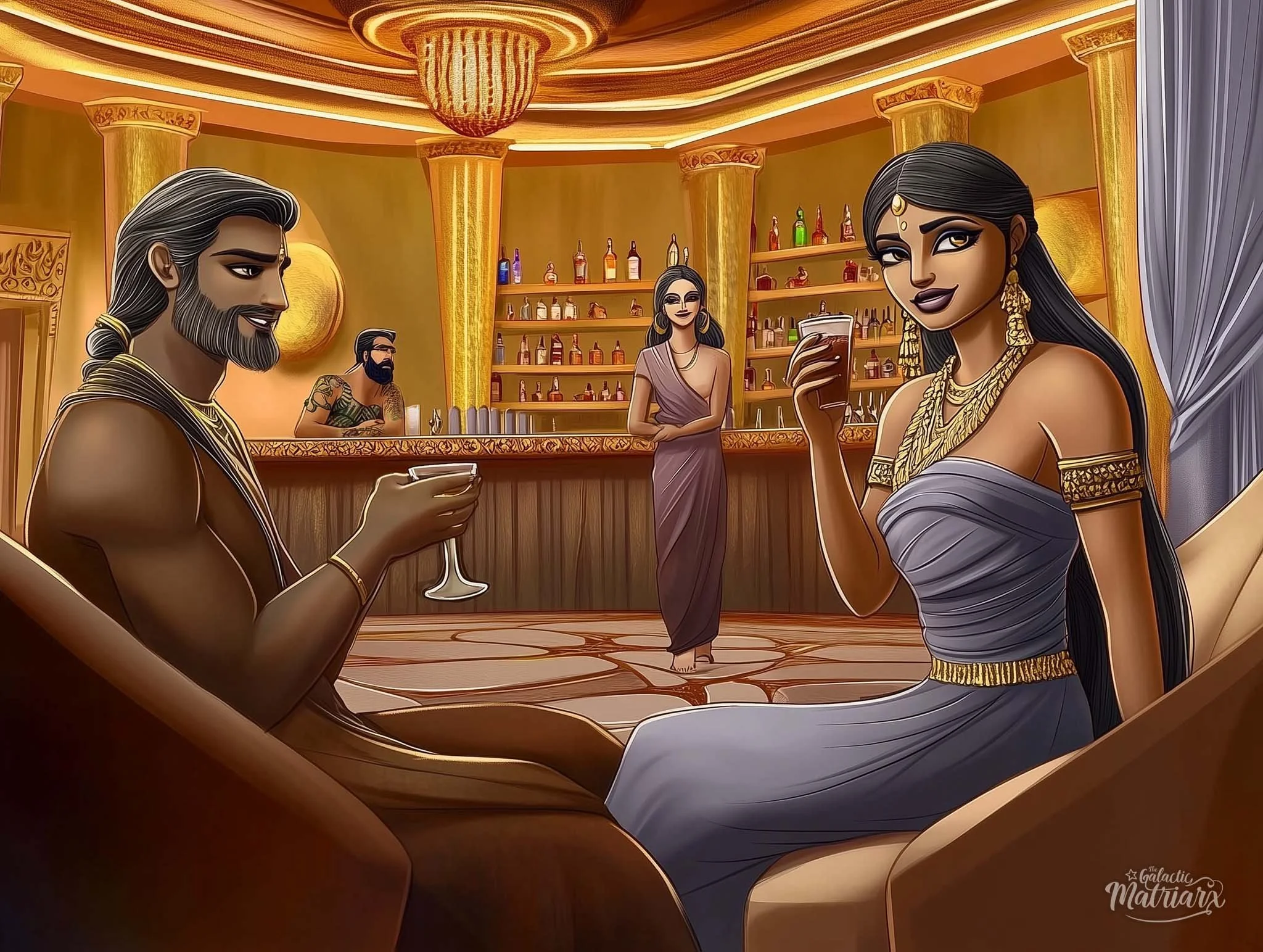 A digital illustration of a luxurious bar scene with two women and two men enjoying drinks. The woman on the right has long black hair, gold jewelry, and is holding a drink, wearing a grey off-shoulder dress. The man on the left has grey hair, a grey