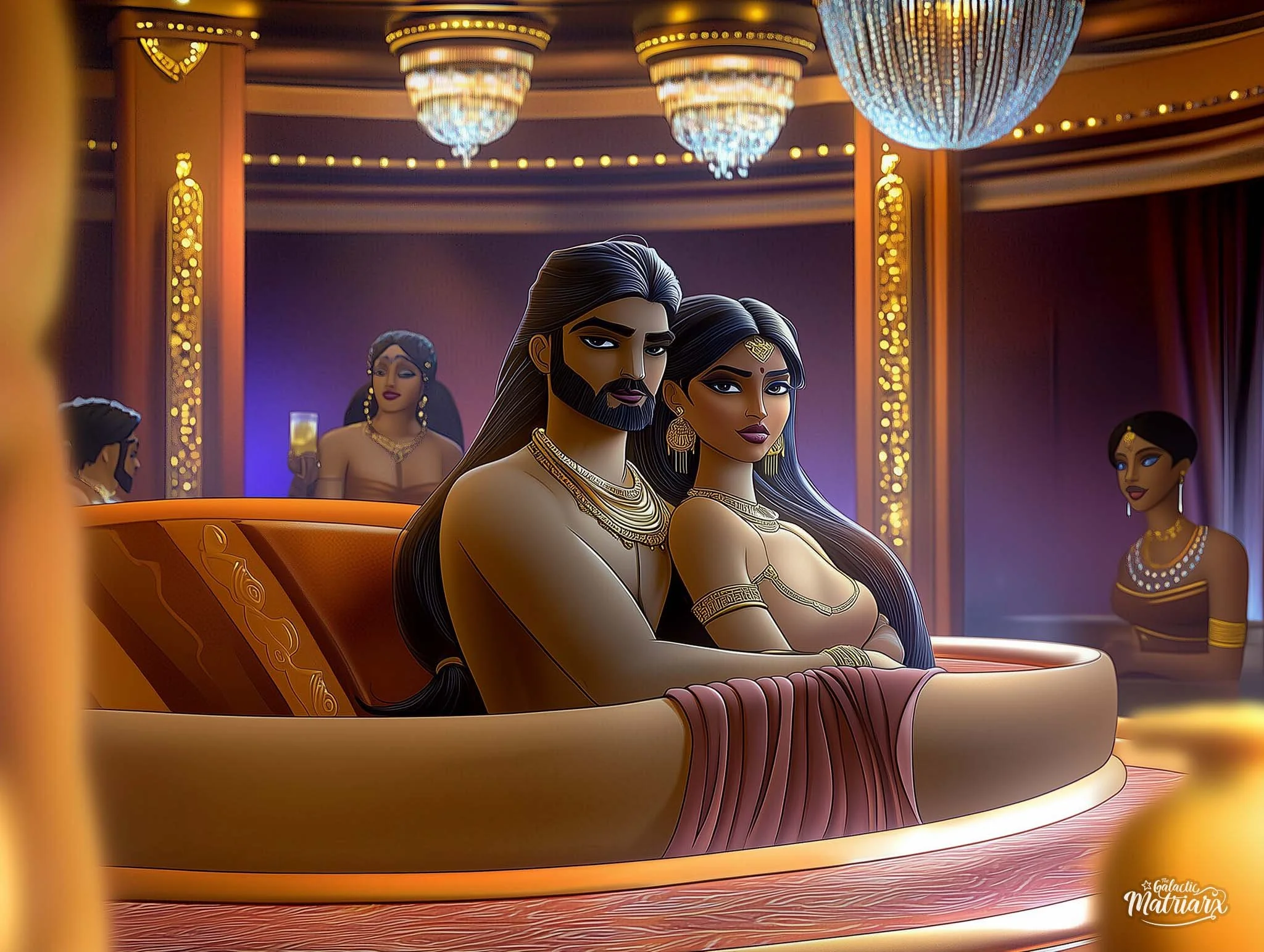 Animated depiction of a regal couple sitting together in an opulent setting, adorned with jewelry and traditional attire, with attendants in the background.