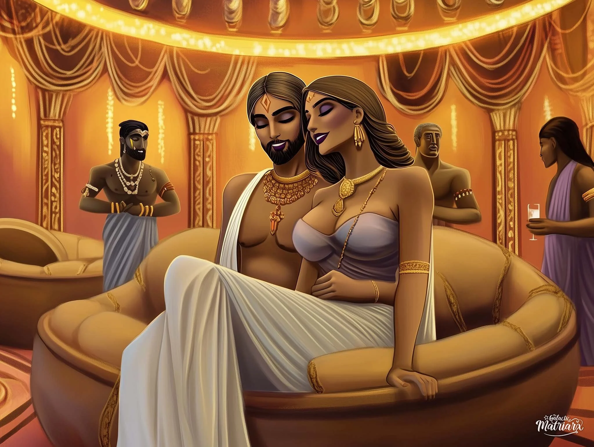 Animated depiction of a regal couple sitting close, surrounded by attendants in luxurious, gold-embellished furnishings and decor, suggesting a royal or divine setting.