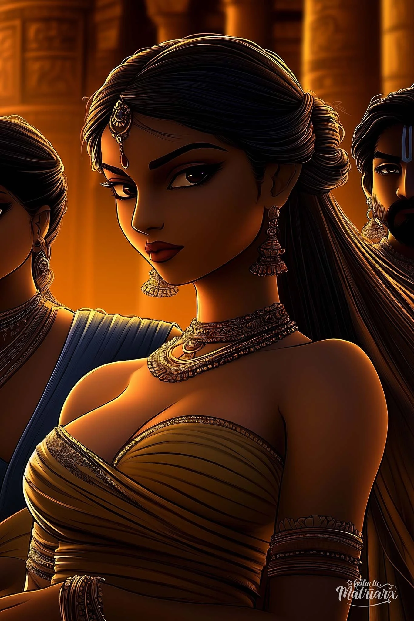 Digital illustration of three mythological characters with detailed jewelry and traditional attire, set against a warm-toned background.