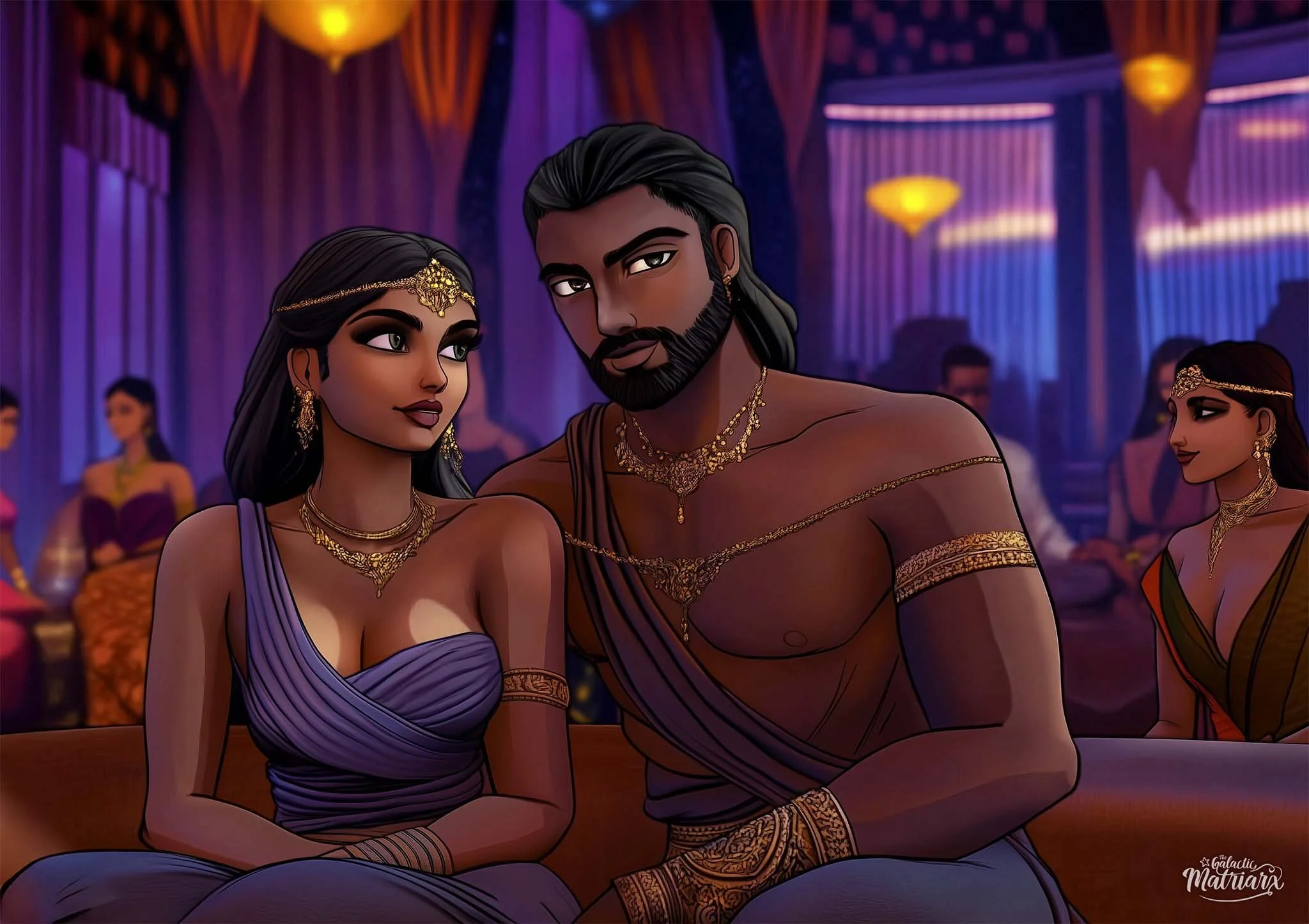 Illustration of a man and woman dressed in traditional royal attire, sitting close together in a luxurious palace with colorful curtains and glowing lights, surrounded by other elegantly dressed figures.