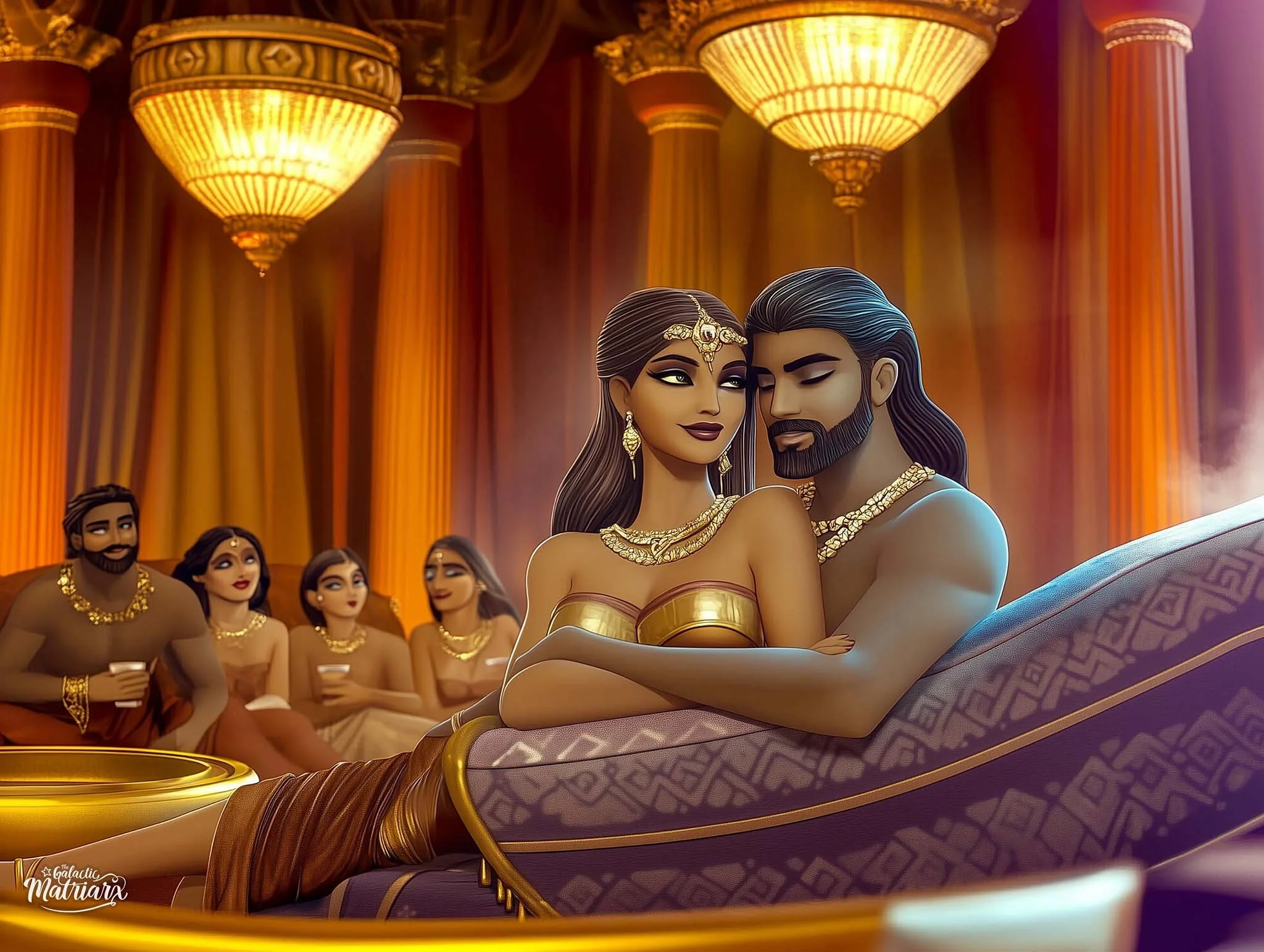 Animated romantic scene of a man and woman with dark hair and skin, sitting closely on a luxurious couch, surrounded by friends at a celebration in a grand hall with golden columns and chandeliers.