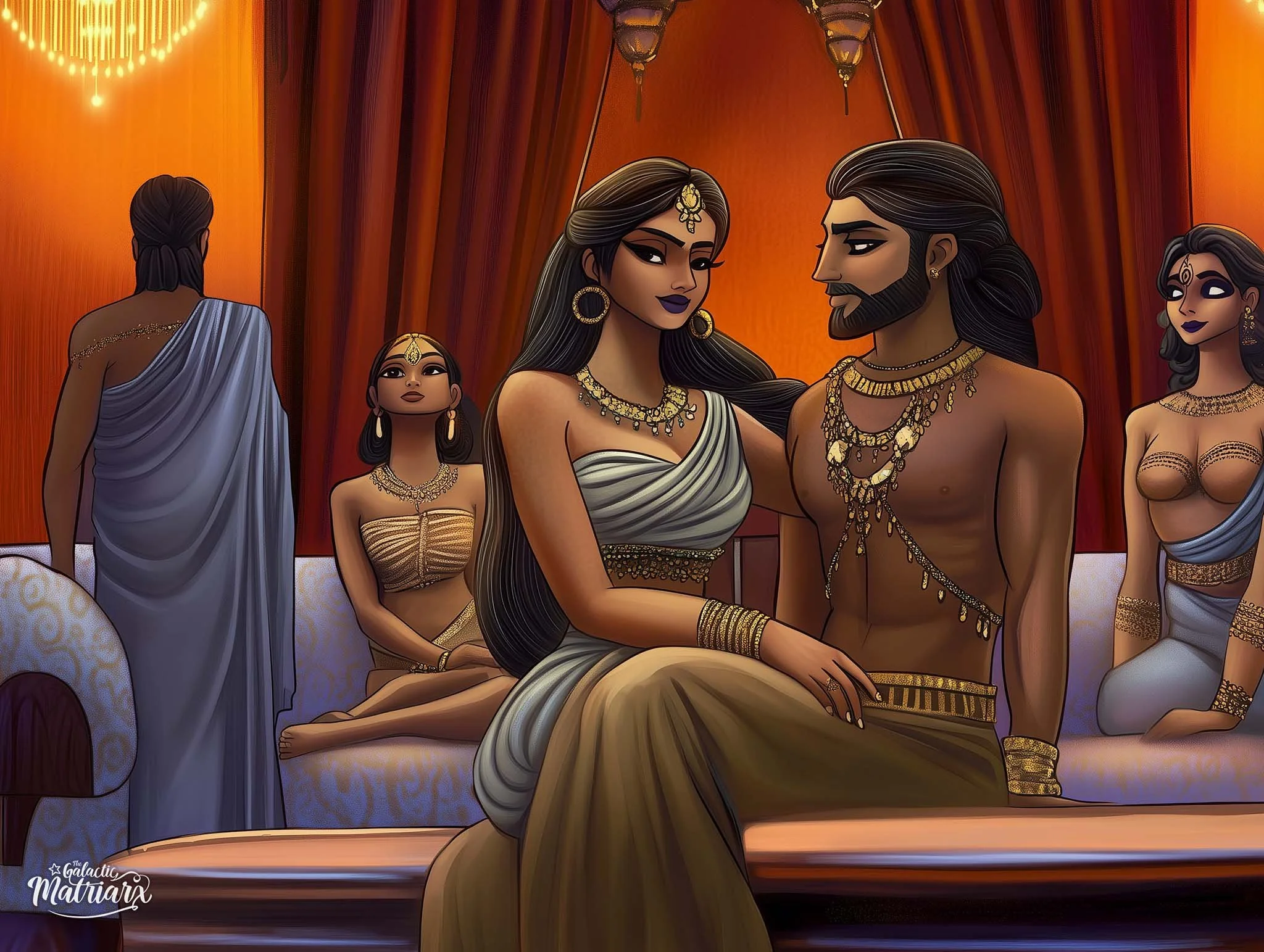 Animated scene of a couple dressed in traditional South Asian attire, sitting closely together, surrounded by four women also in traditional clothing, in an ornate indoor setting with warm lighting and drapes.