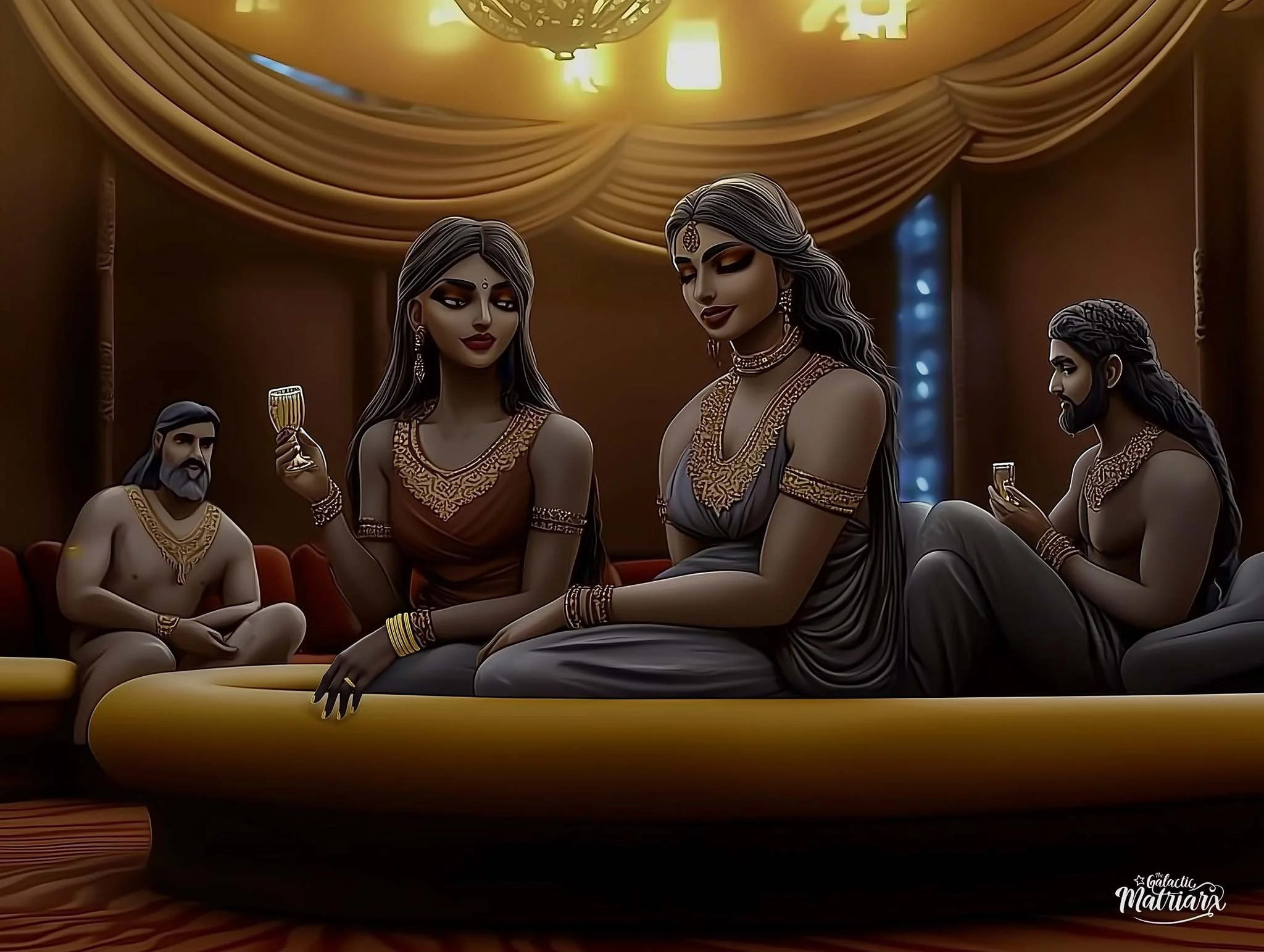 Illustration of five traditionally dressed people sitting on a sofa, in an elegant room with warm lighting and draped curtains, holding glasses of drink, with one man sitting on the left and four women sitting on the right.