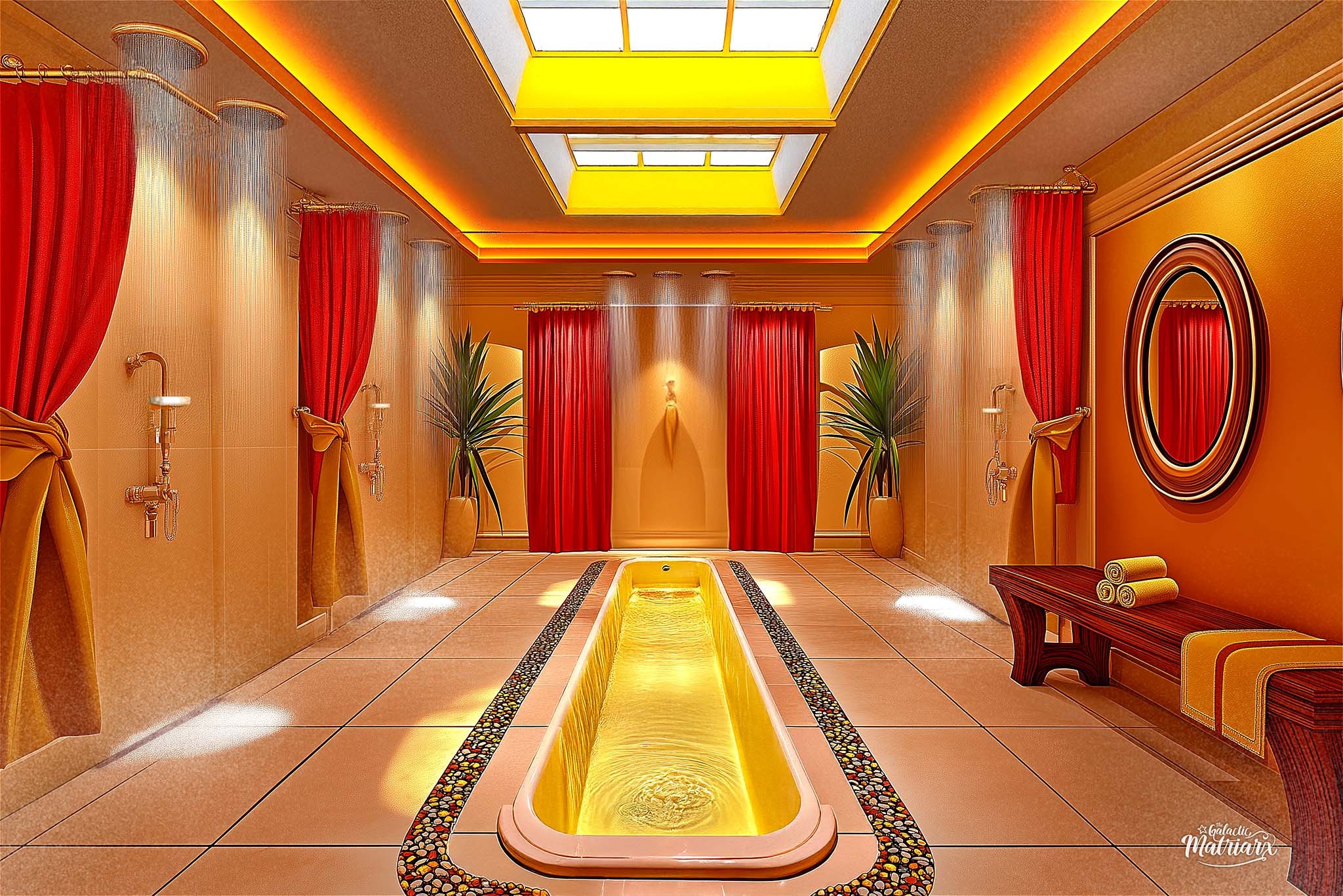 A luxurious indoor spa room with a rectangular hot tub in the center, surrounded by tiled flooring and red curtains, with yellow lighting overhead, and potted plants on either side of the back wall.