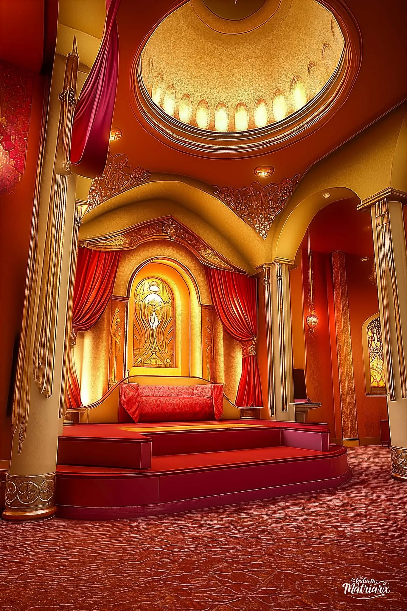 The image shows an ornate, luxurious throne-like seat on a red carpeted stage, framed by red velvet curtains, with intricate gold and red decor and stained glass windows in the background.