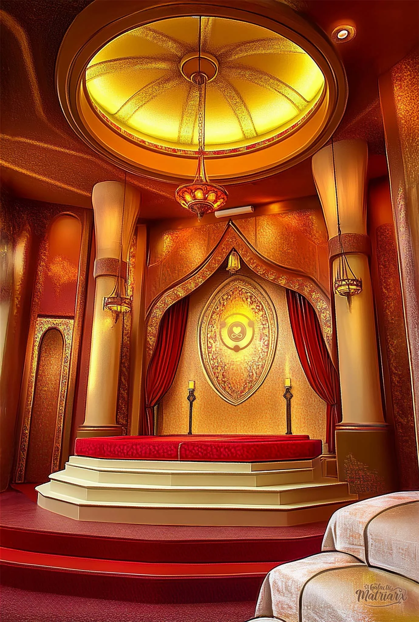 Luxurious, ornate stage with red curtains, gold accents, and a decorative backdrop featuring a circular emblem, all under a large, golden ceiling, creating an elegant, theater-like setting.