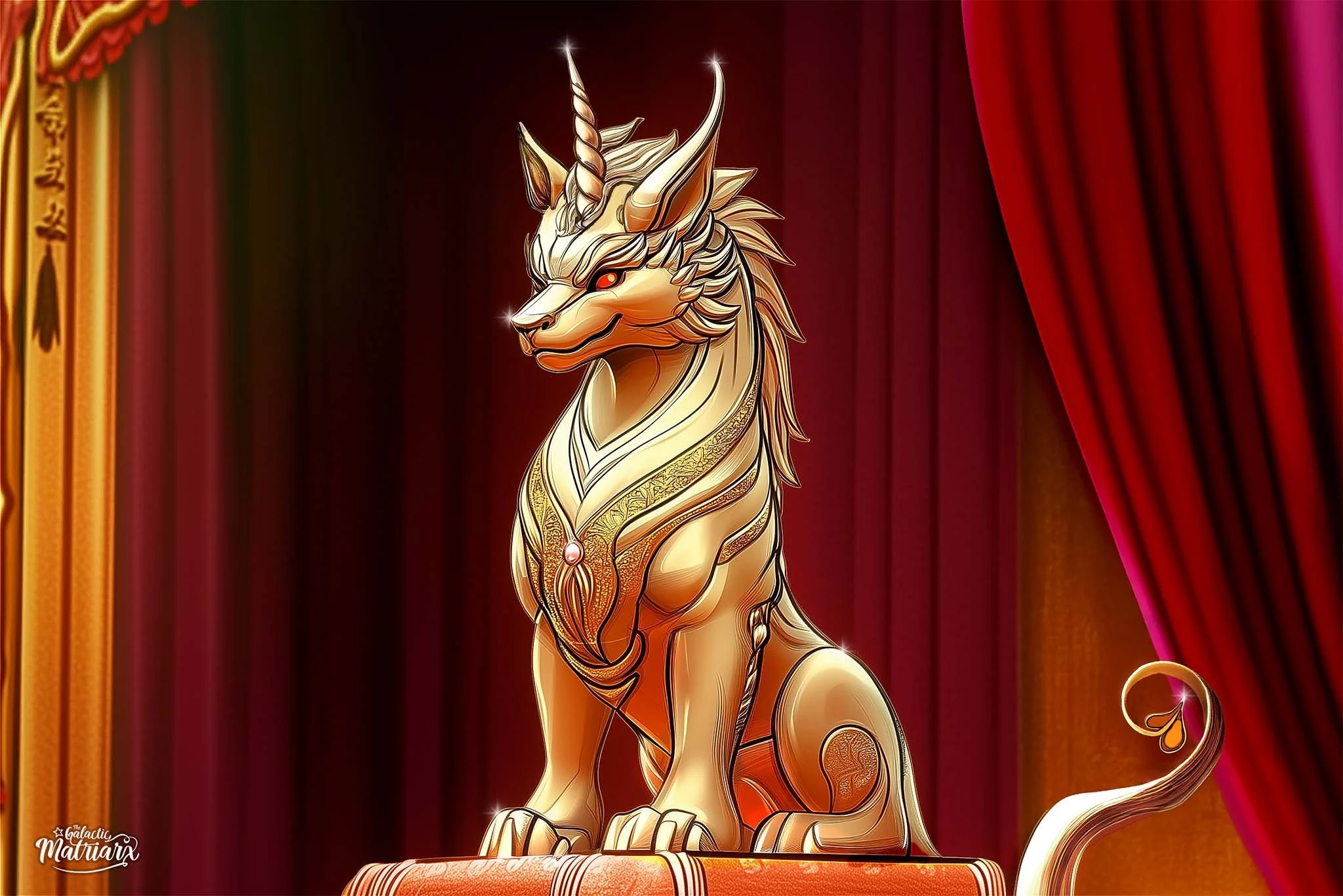 A golden sculpture of a majestic unicorn with a curved horn, standing on a pedestal with plush, red stage curtains in the background.