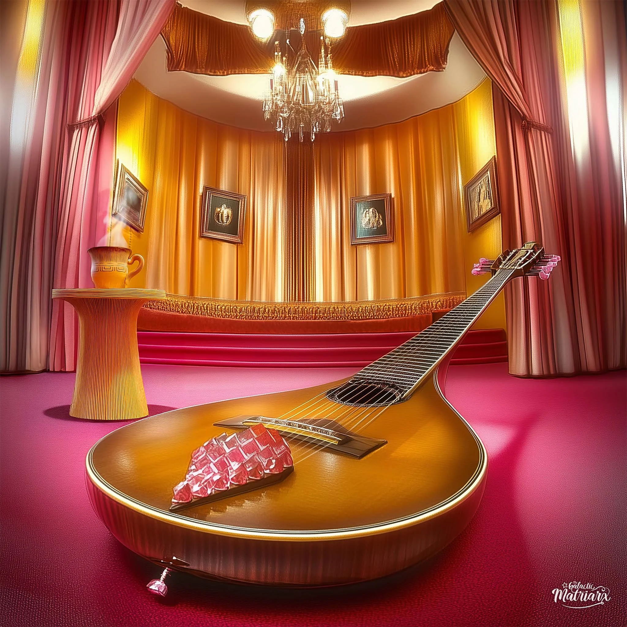 A brown acoustic guitar lying on a red carpeted floor in front of a pink stage with gold curtains, decorative pictures on the wall, a small round table with a steaming coffee mug, and a chandelier hanging from the ceiling.