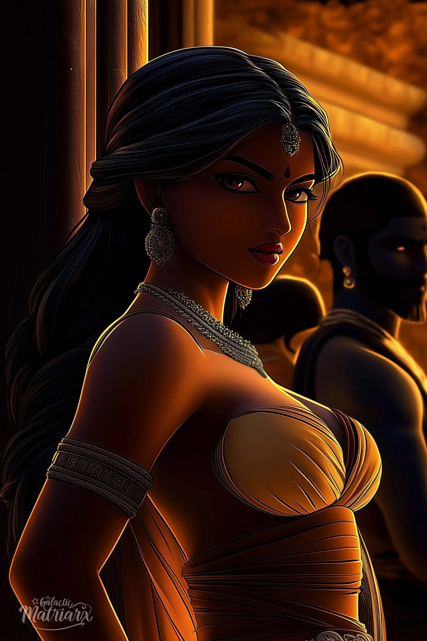 Stylized digital illustration of a woman dressed in traditional Indian attire with jewelry, accompanied by two similarly dressed women in the background.