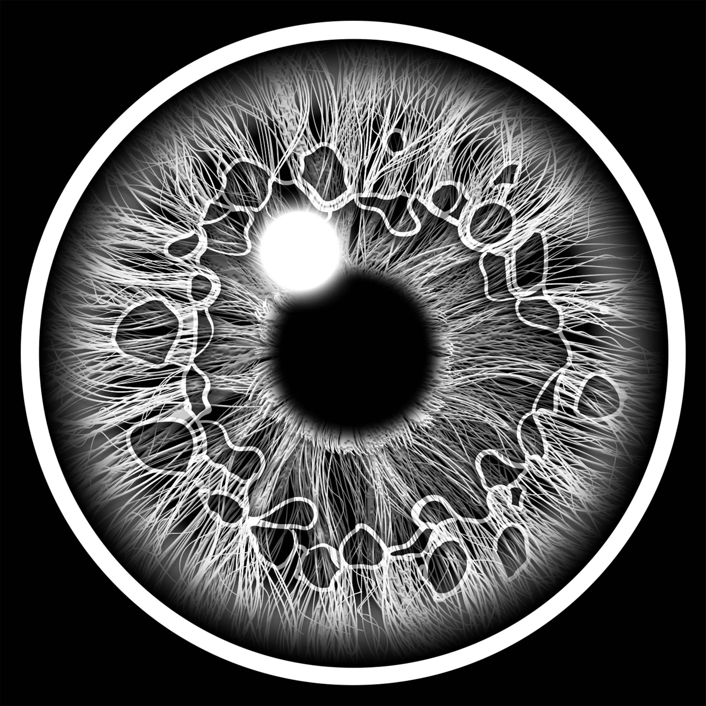 A black and white animated depiction of a human eye's iris with a glowing center and the word "you" written repeatedly in a circular pattern.