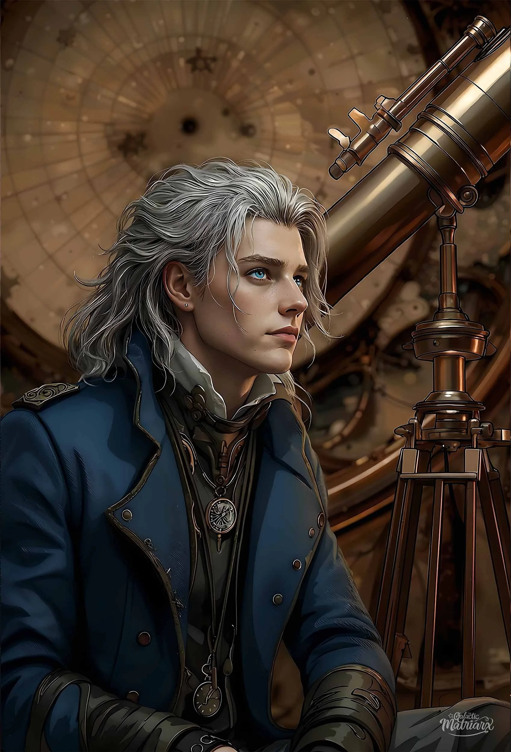 A young woman with silver hair and blue eyes, dressed in a blue coat with military-style epaulets, sits beside a large brass telescope in a steampunk or fantasy setting with a large clock or astronomical instrument in the background.