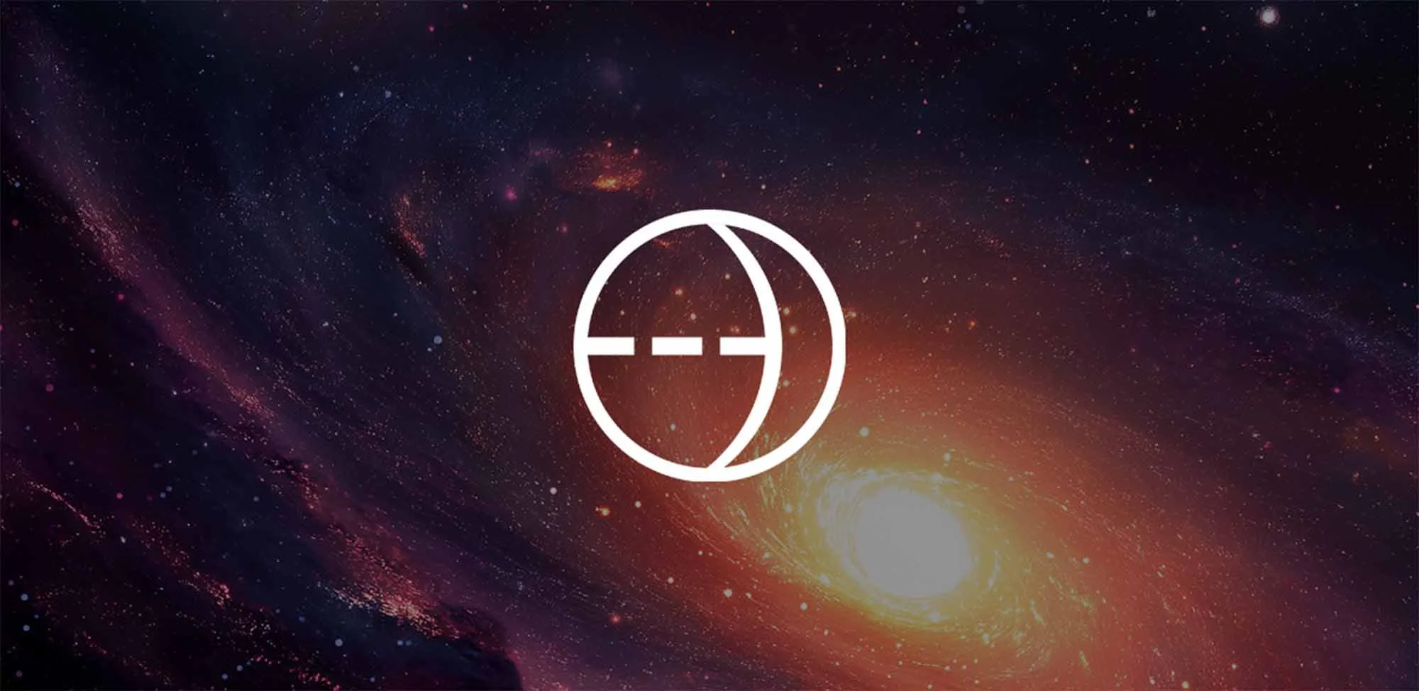 A cosmic background featuring a spiral galaxy and stars, with a white icon of a planet with orbiting lines overlaid.