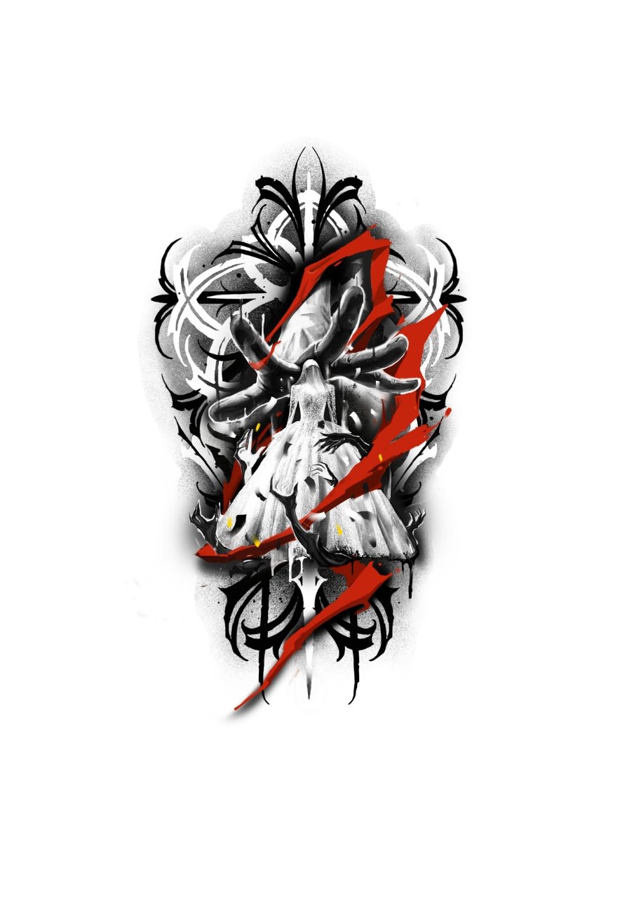 Abstract design featuring a white moth at the center, surrounded by intricate swirling black patterns and red geometric accents on a white background.