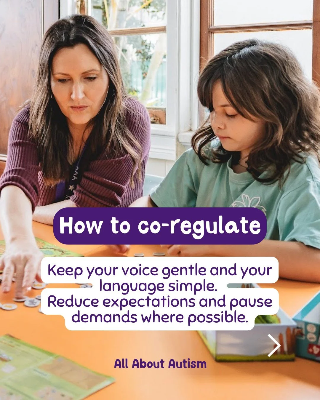 Co-regulation is about being a calm, steady presence for a child when their emotions or sensory experiences feel overwhelming.

At AAA, co-regulation is woven through the day. In practice, that looks like:
💜using a calm, steady voice and reducing ho