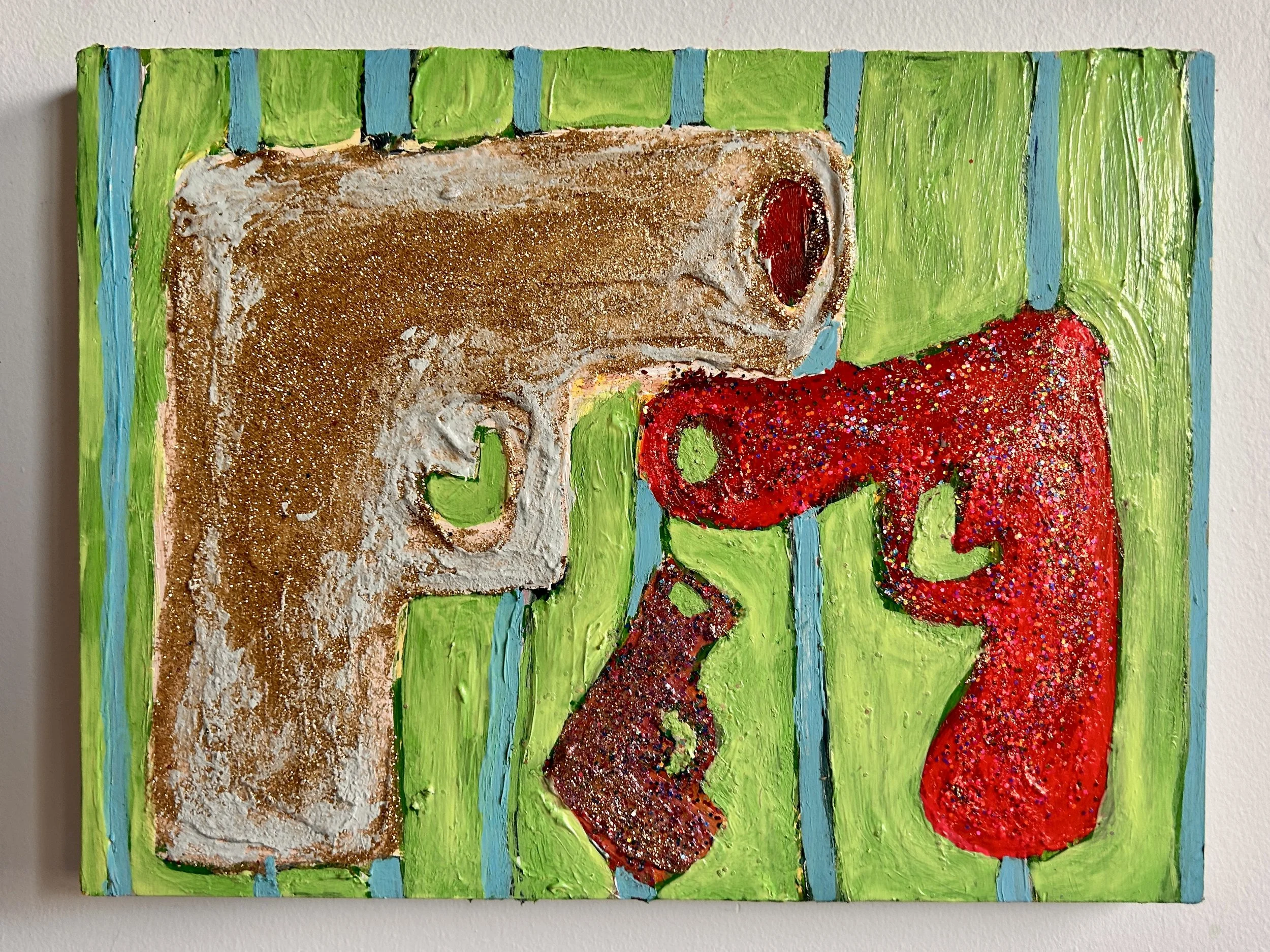 Gun Family
9x12"
Acrylic, glitter, and nail polish on panel