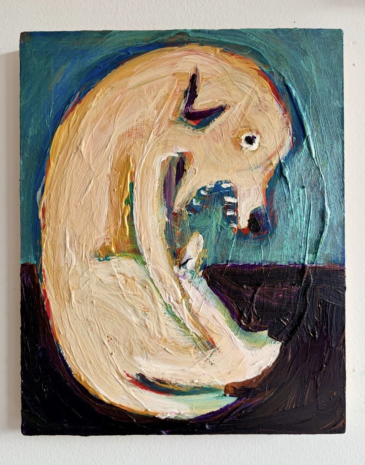 Dog Hunched Over 2
12x9"
Acrylic and glass beads on panel