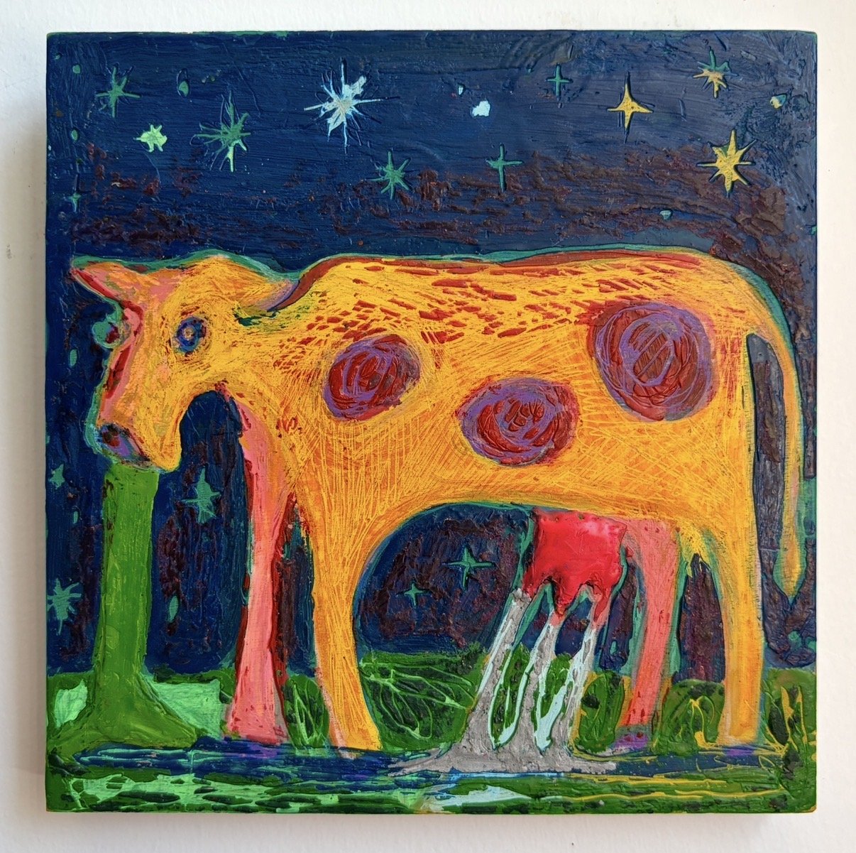 Liquid Cow 3
7x7"
Crayon on wood