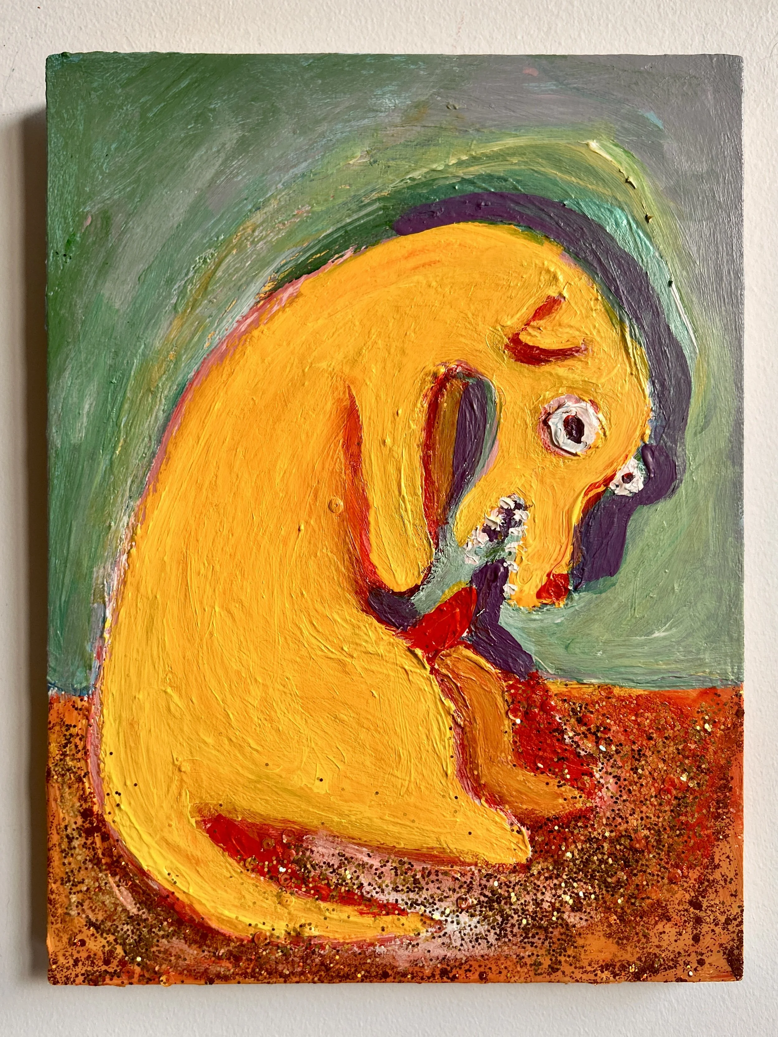 Dog Hunched Over
12x9"
Acrylic and glitter on panel