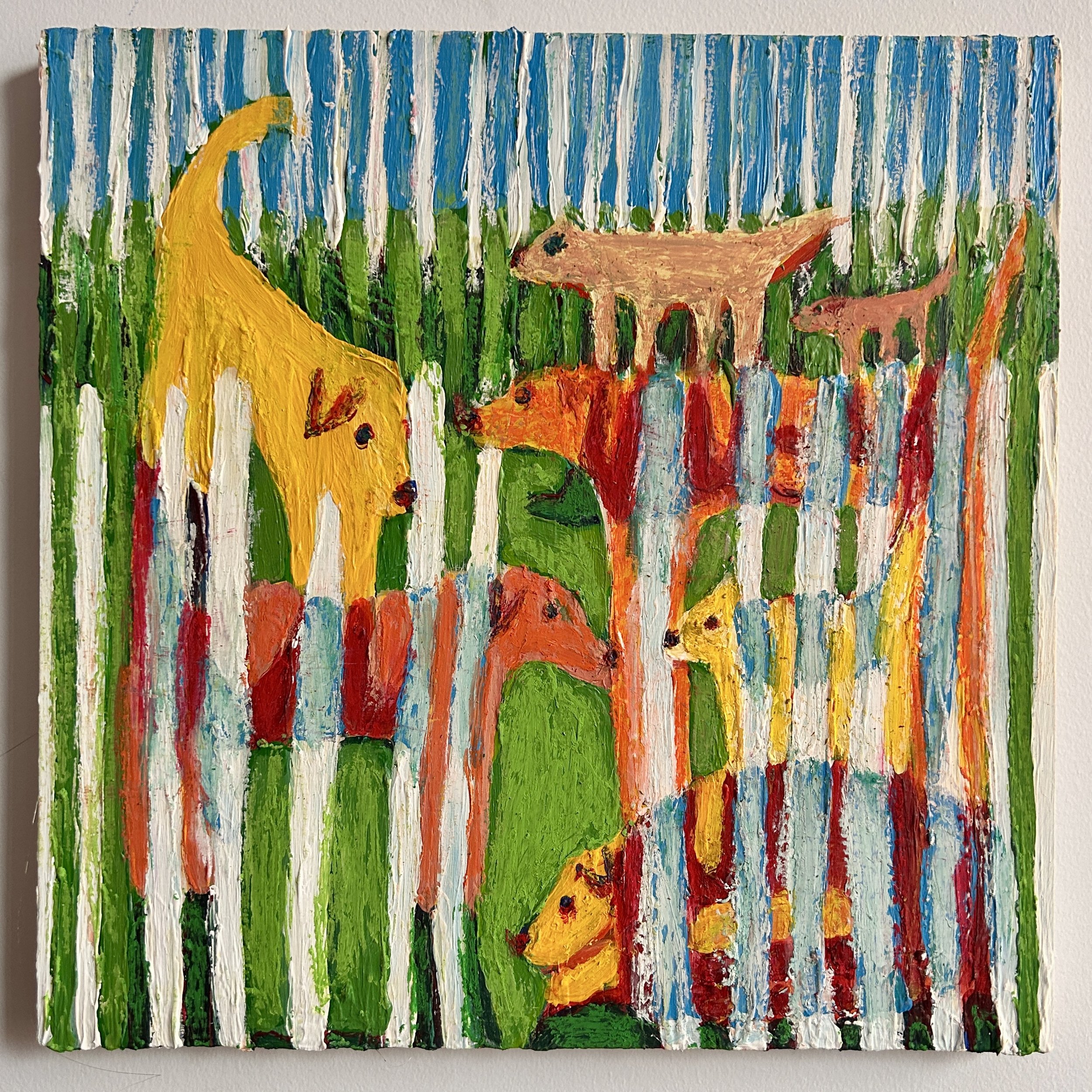 Caged Dogs
12x12"
Acrylic and oil pastel on panel