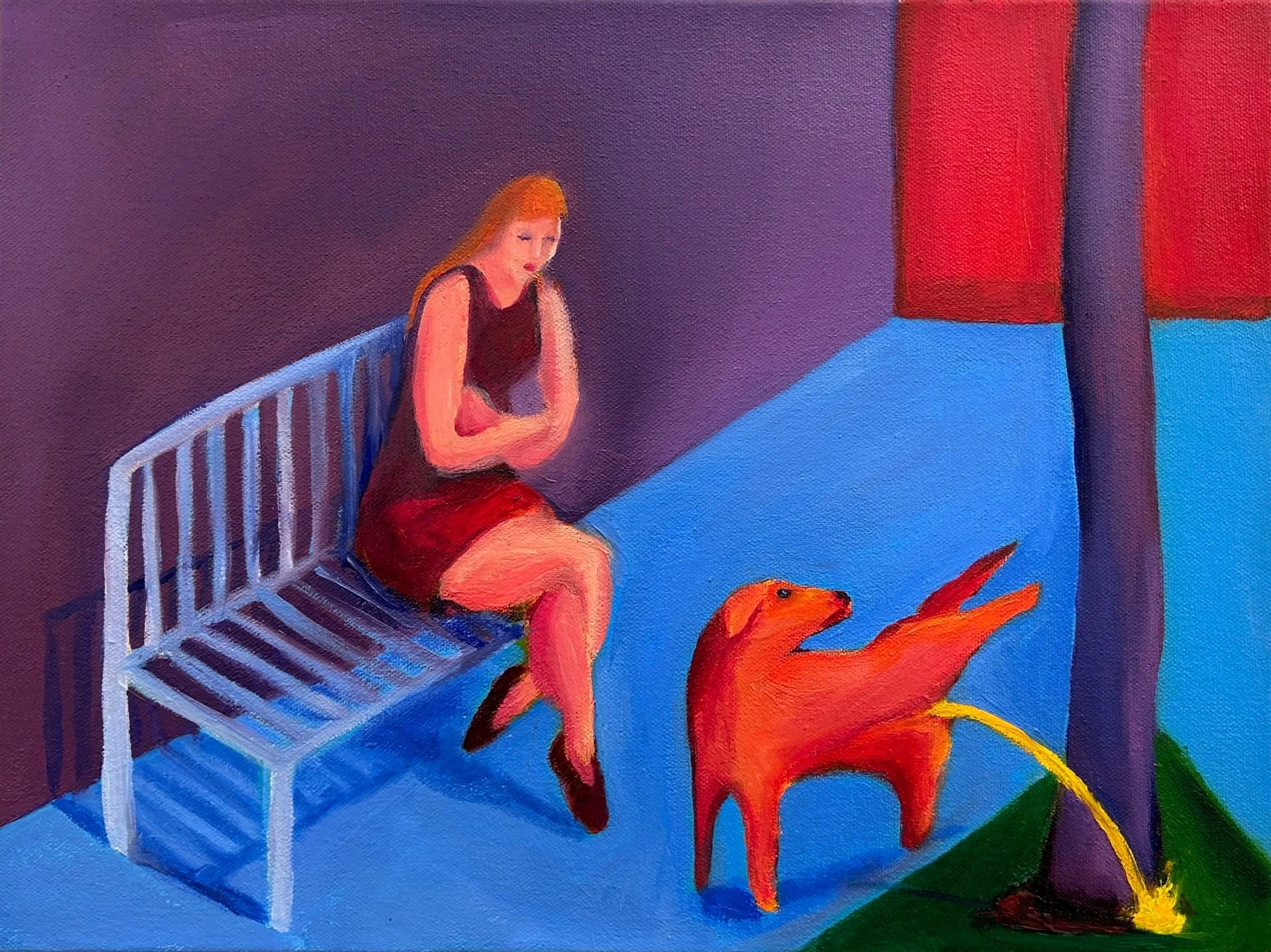Piss Dog (Bench) 12x16" Acrylic and oil on canvas 2024
