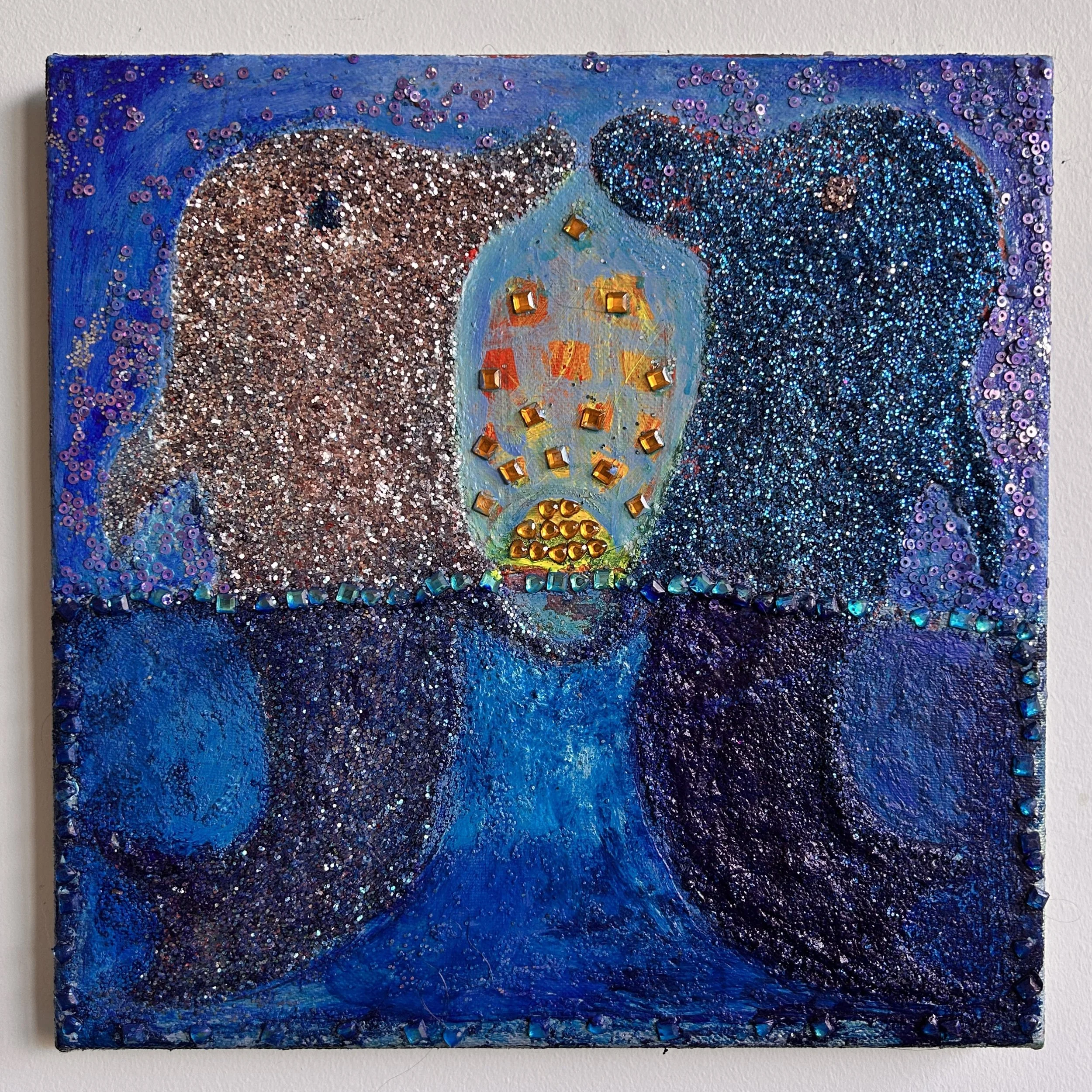 Dolphins
10x10"
Acrylic, glitter, and bling on canvas