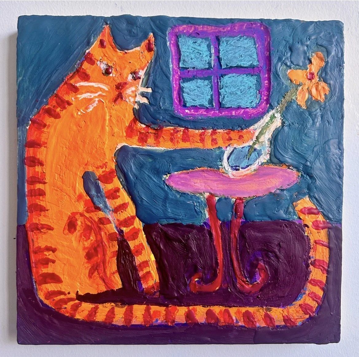Cat and Vase
8x8"
Acrylic, crayon, and encaustic on panel