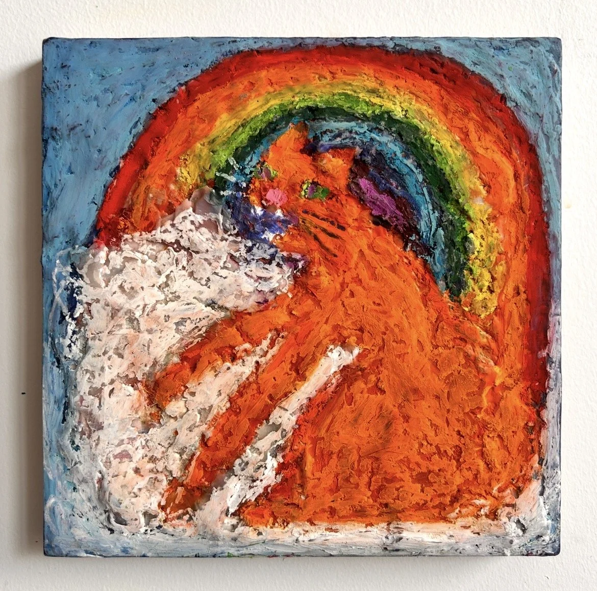 Rainbow Kitty
10x10"
Crayon, candle wax, and oil pastel on panel