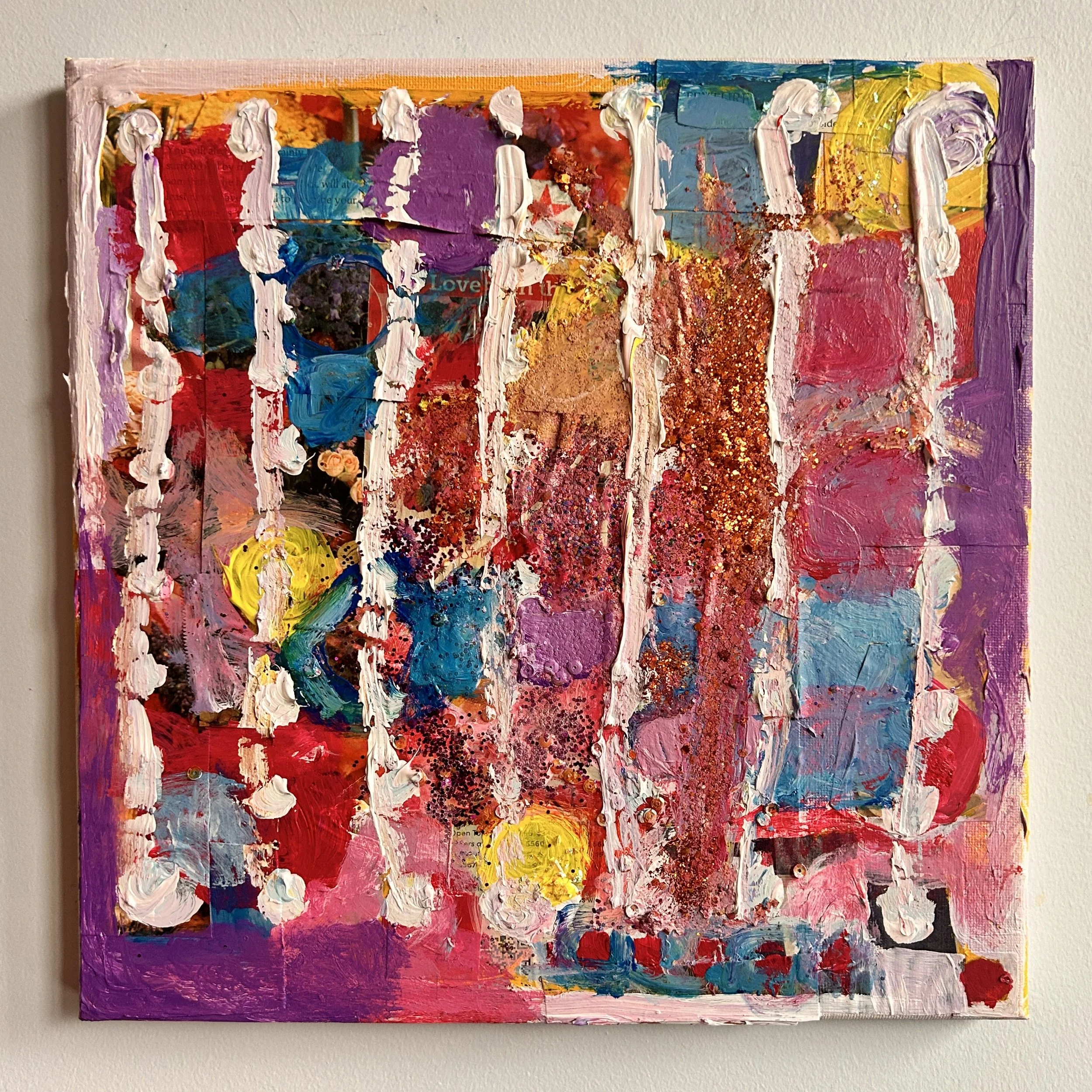 Vertical Stripes 2
10x10"
Acrylic, paper, and glitter on canvas