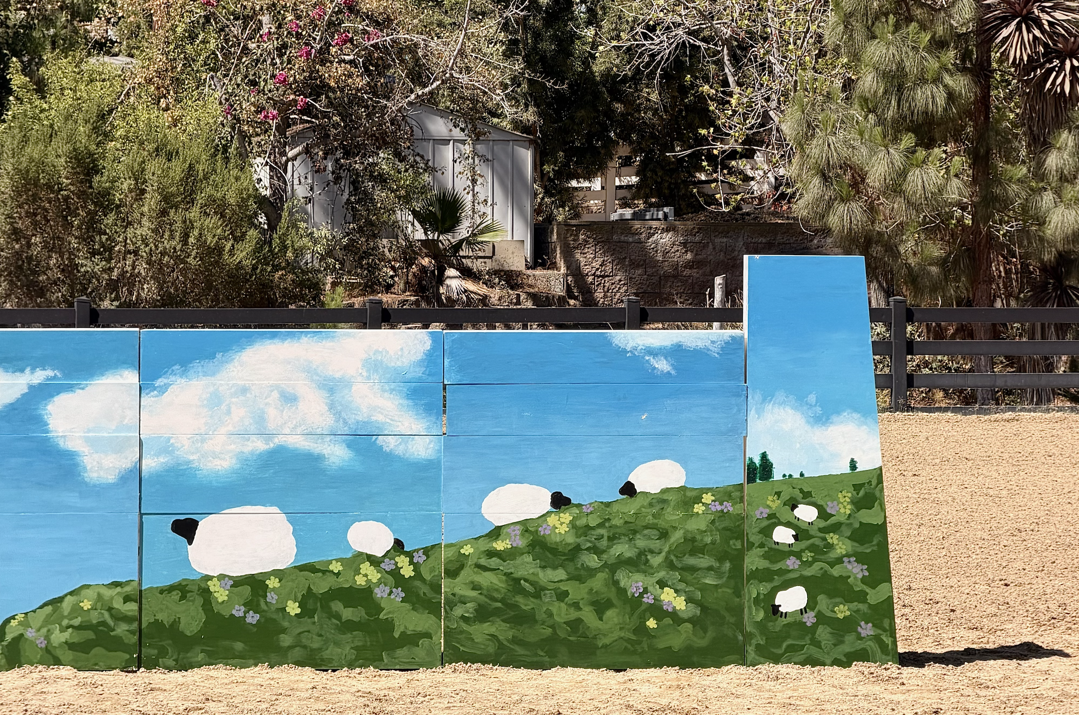 Hand-painted sheep jumper wall by Pangaia Jumps in a Southern California arena